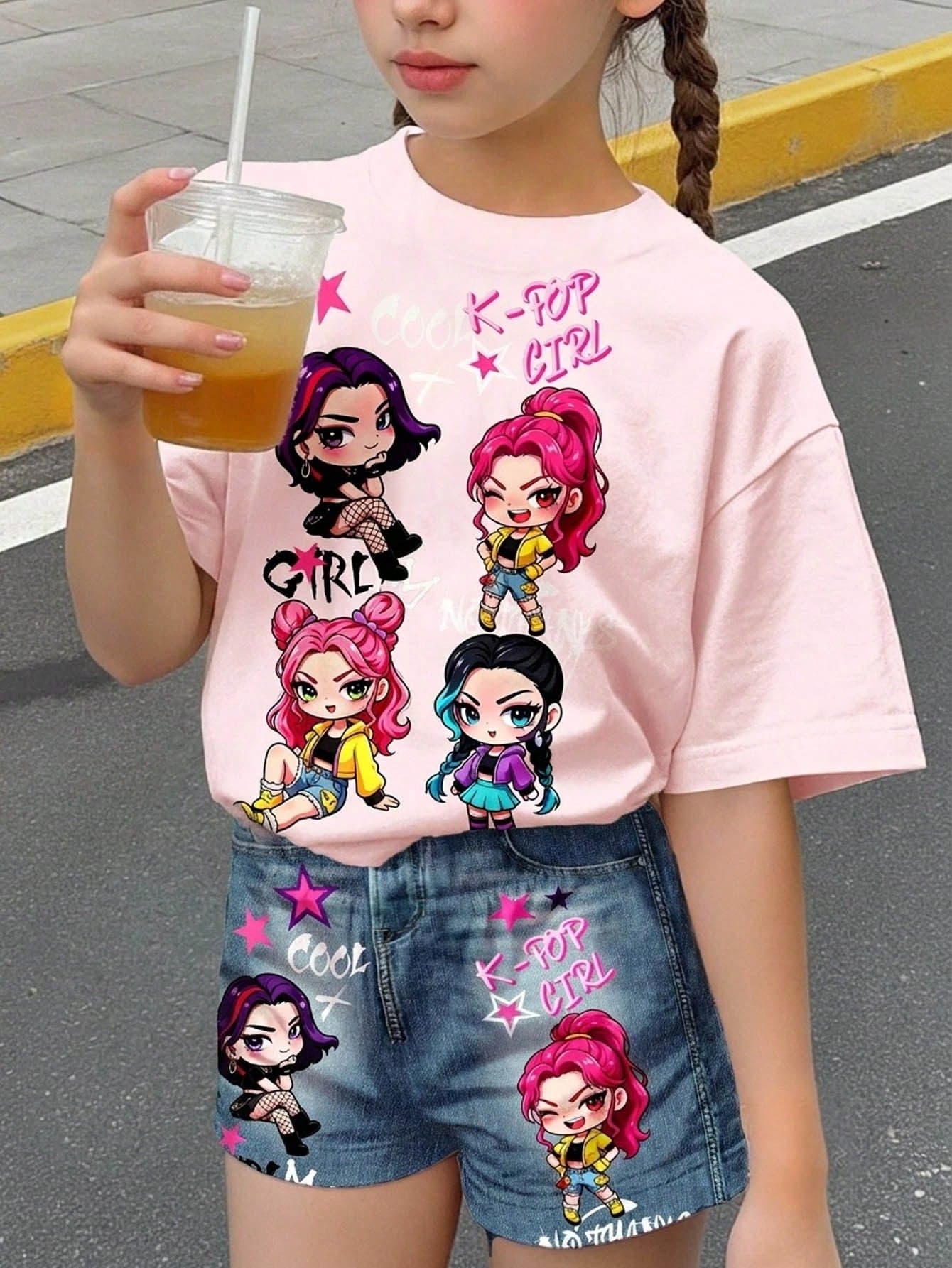 Young Girl Cartoon Girl Pretty Girl Graphic Print Casual Minimalist Short Sleeve T-Shirt And Pocket Shorts 2-Piece Set