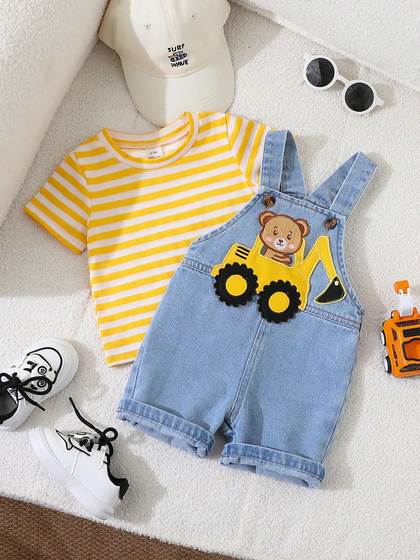 SHEIN Playful Pals Baby Boys' Summer Cute Bear & Excavator Denim Bib Shorts With Blue White Stripe T-Shirt Set Loose Casual Family Matching Outfit For School Activities