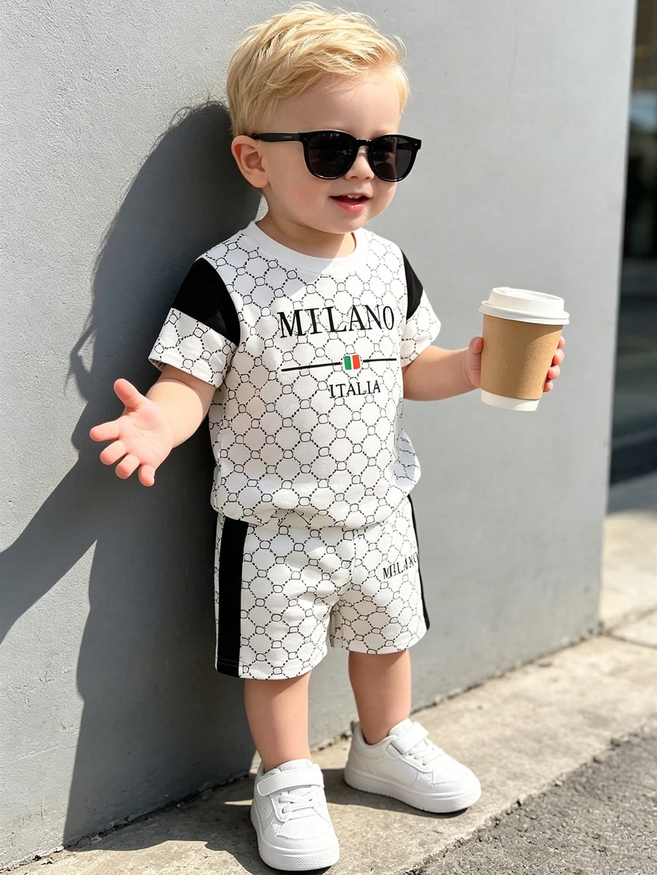 Souflis Souflis Casual Classic Black Contrast Patchwork MILANO, ITALIA Letter Print All-Over Monogram Crew Neck T-Shirt And Matching Side Contrast Stripe Shorts Set