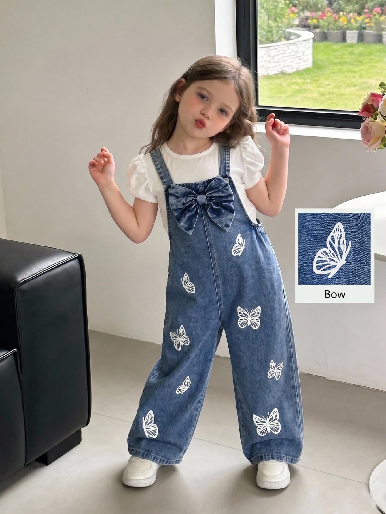 SHEIN Playful Pals Girls' Denim Overalls, All-Season Casual, Vintage Blue, 3D Bow Design, Bow Print, Loose Straight-Leg, School, Back-To-School