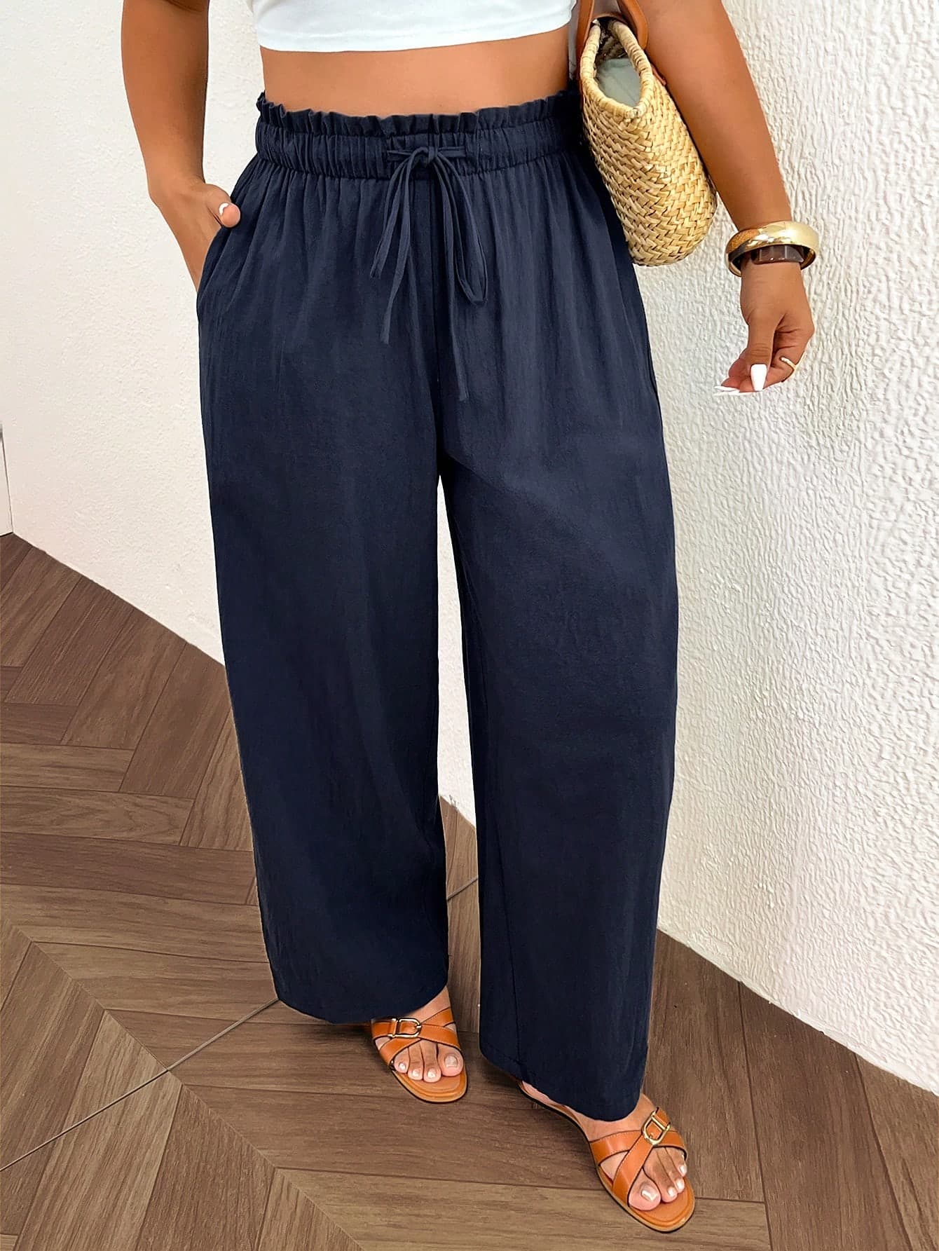 Lounesse Plus Size Women's Solid Color Drawstring Waist Pocket Casual Eleganza Versatile Everyday Travel Long Pants Vacation Navy Blue Autumn Fall Bussines