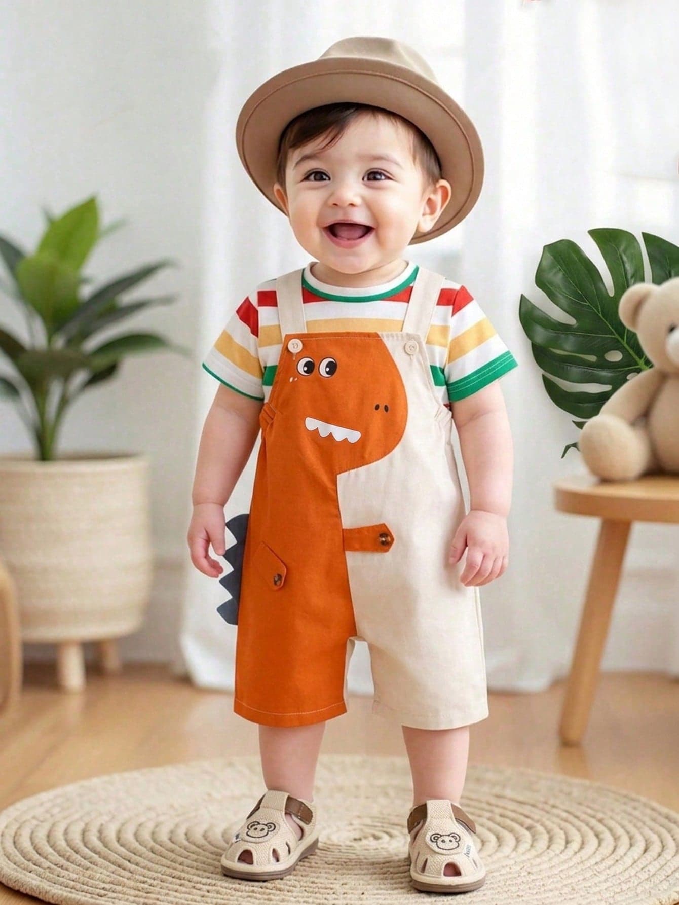 SHEIN Playful Pals Baby Boys' Summer Burnt Orange Dinosaur Print Striped T-Shirt & Bib Shorts Set Cute Casual Family Matching Dungaree Outfits For Boys Unisex Clothes