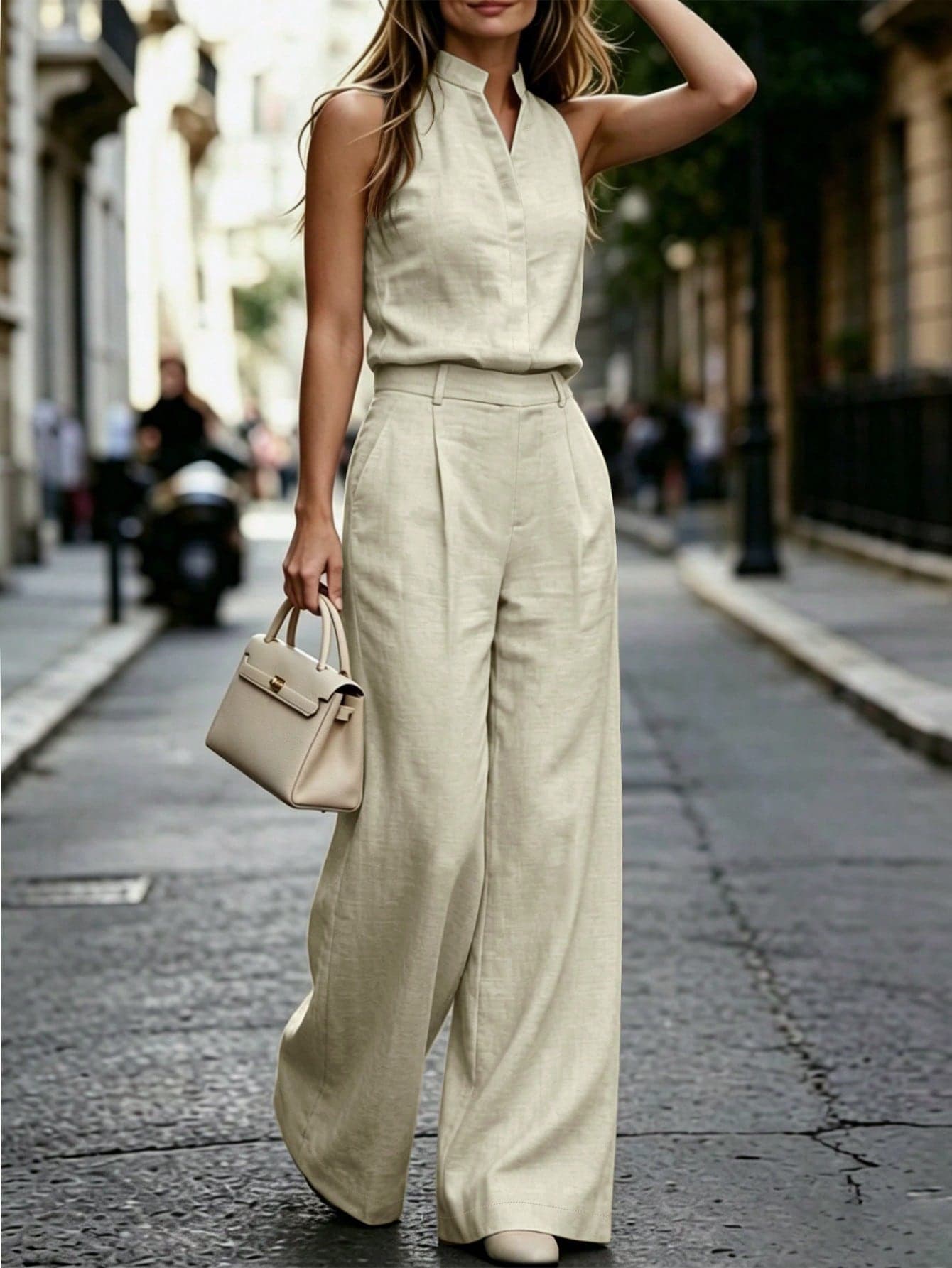 SHEIN 2pcs/Set Summer Minimalist Solid Color Notch Neck Sleeveless Tank Top And Pants