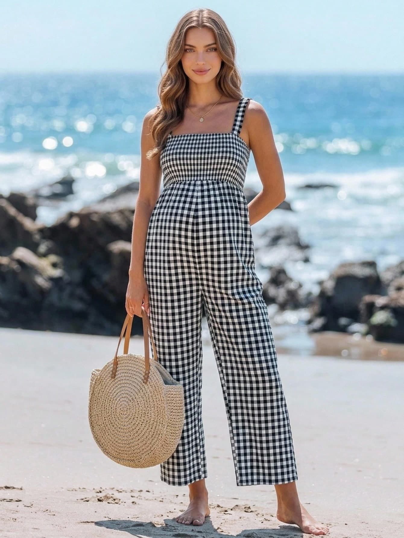 SHEIN Summer Outfit,Maternity Casual Business Plaid Spaghetti Strap Jumpsuit Beach