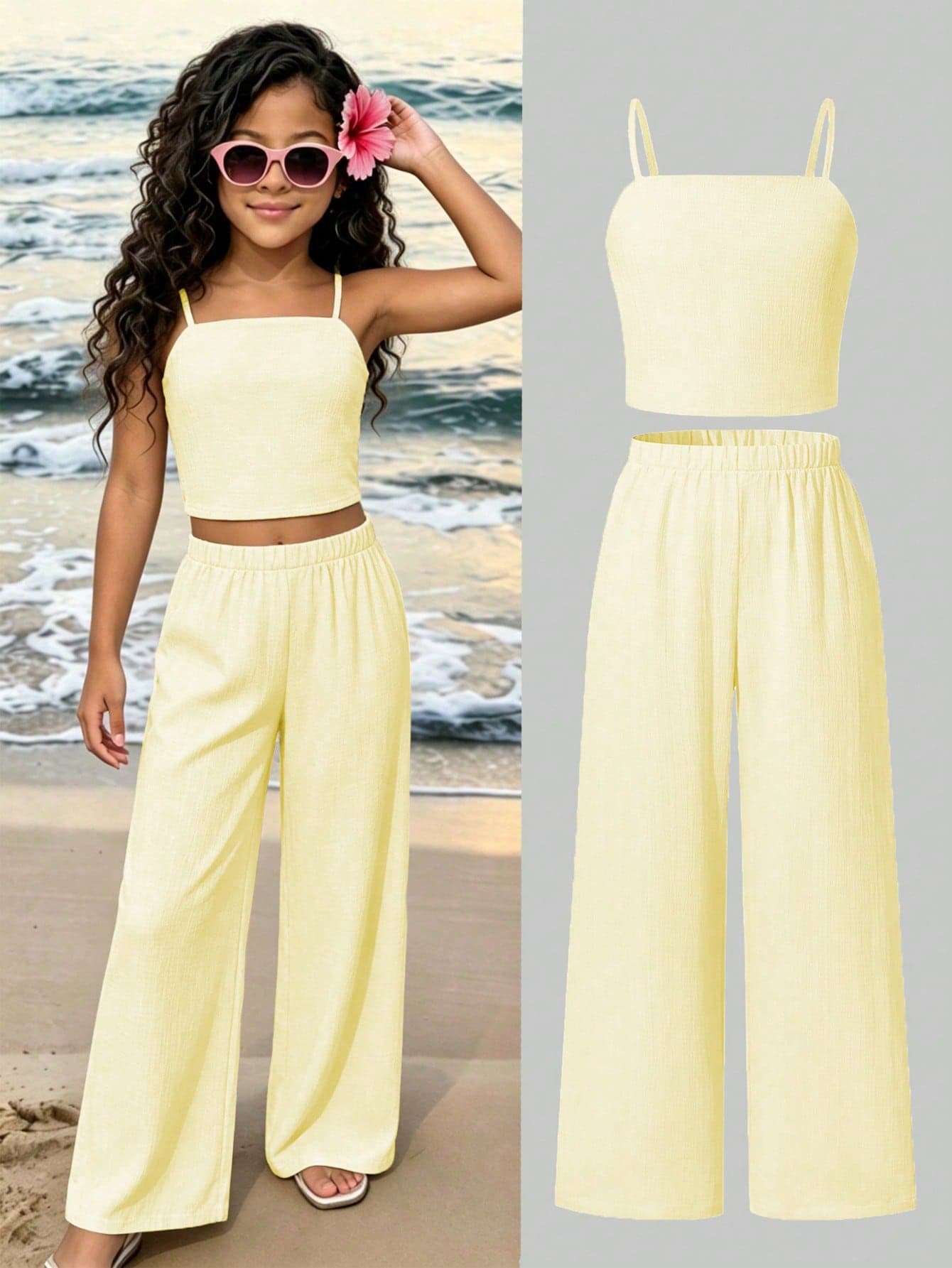 SHEIN Tween Girls Vacation Bohemian Totem Floral Camisole Twisted Crop Top + Loose Straight Leg Long Pants Woven Vest Set, Summer, Suitable For Travel, Vacation And Daily Wear