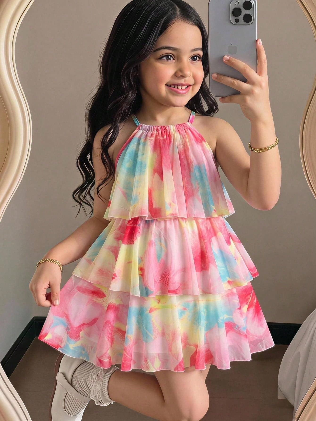 Kids Young Girl Casual Elegant Vacation Loose Halter Neck Sleeveless Ruffle Floral Print Chiffon Midi Dress Girls Dress Elegant Colorful Floral Print Dress Blue Dress Girls Dress Cake Dress