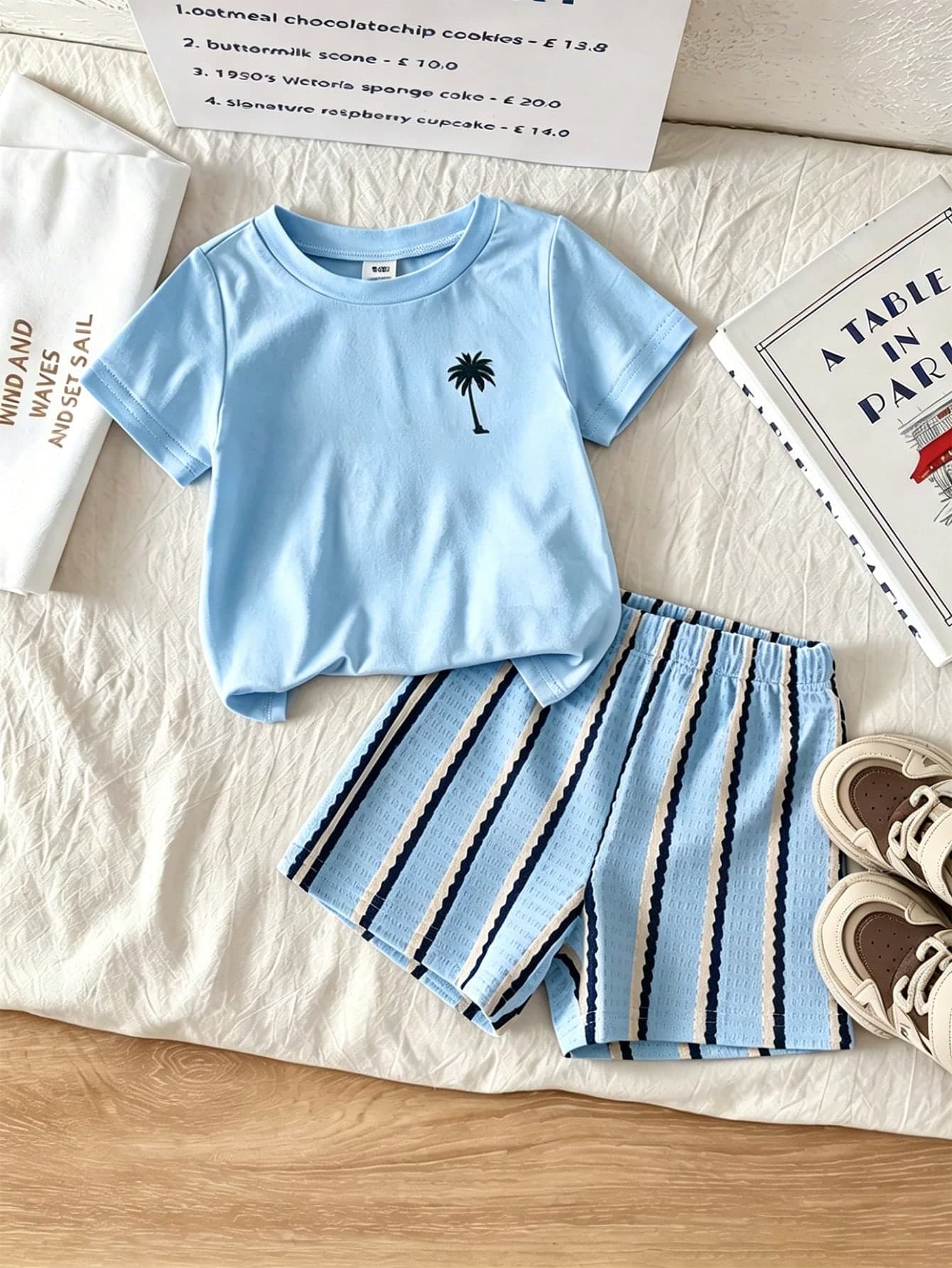 SHEIN Playful Pals Baby Boy Summer Casual 2-Piece Set, Coconut Tree Embroidered Crew Neck T-Shirt + Vertical Striped Shorts, Skin-Friendly Daily Vacation Outfit
