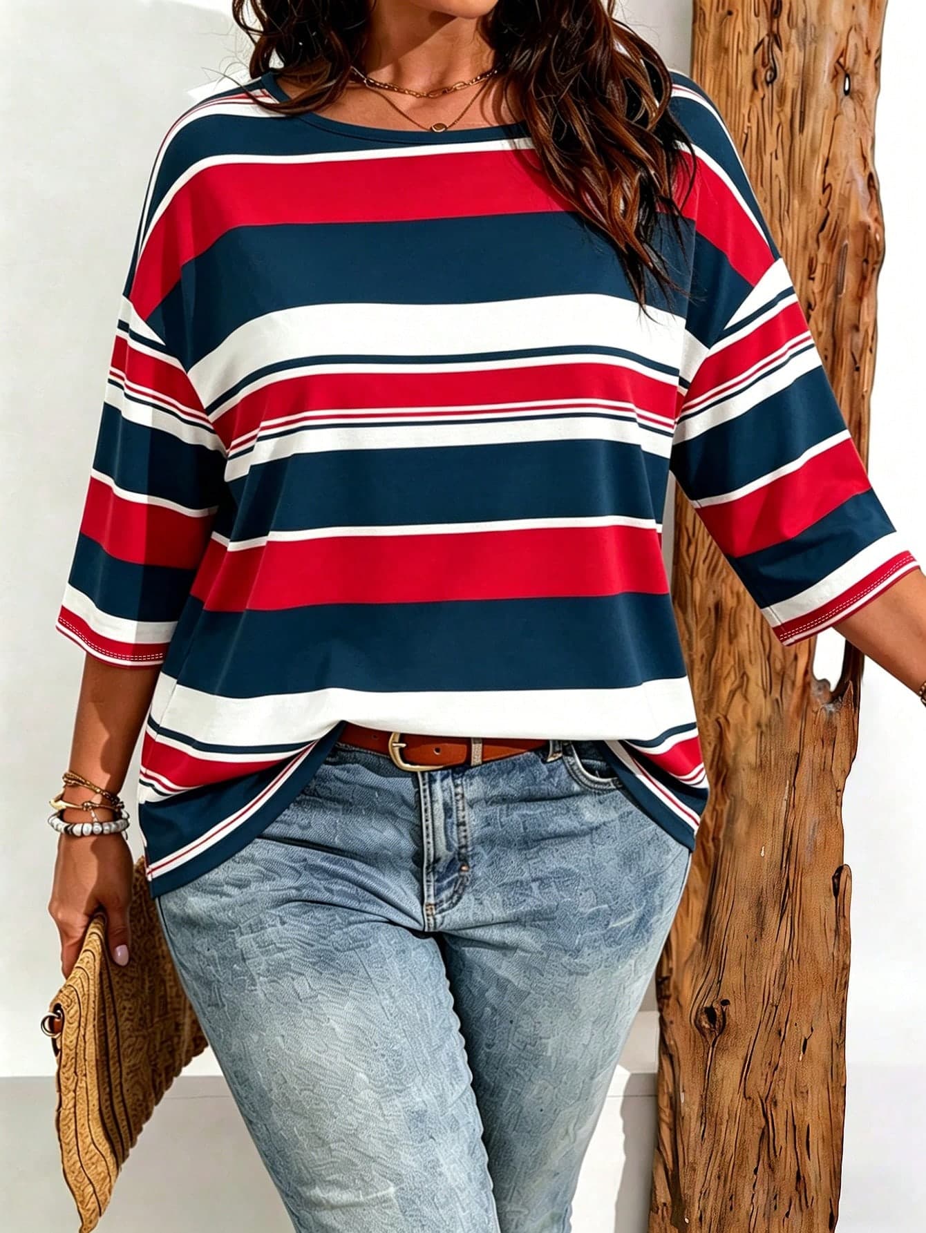 EMERY ROSE Plus Size Women Casual Retro Stripe Print Drop Shoulder T-Shirt, Suitable For Summer Wear