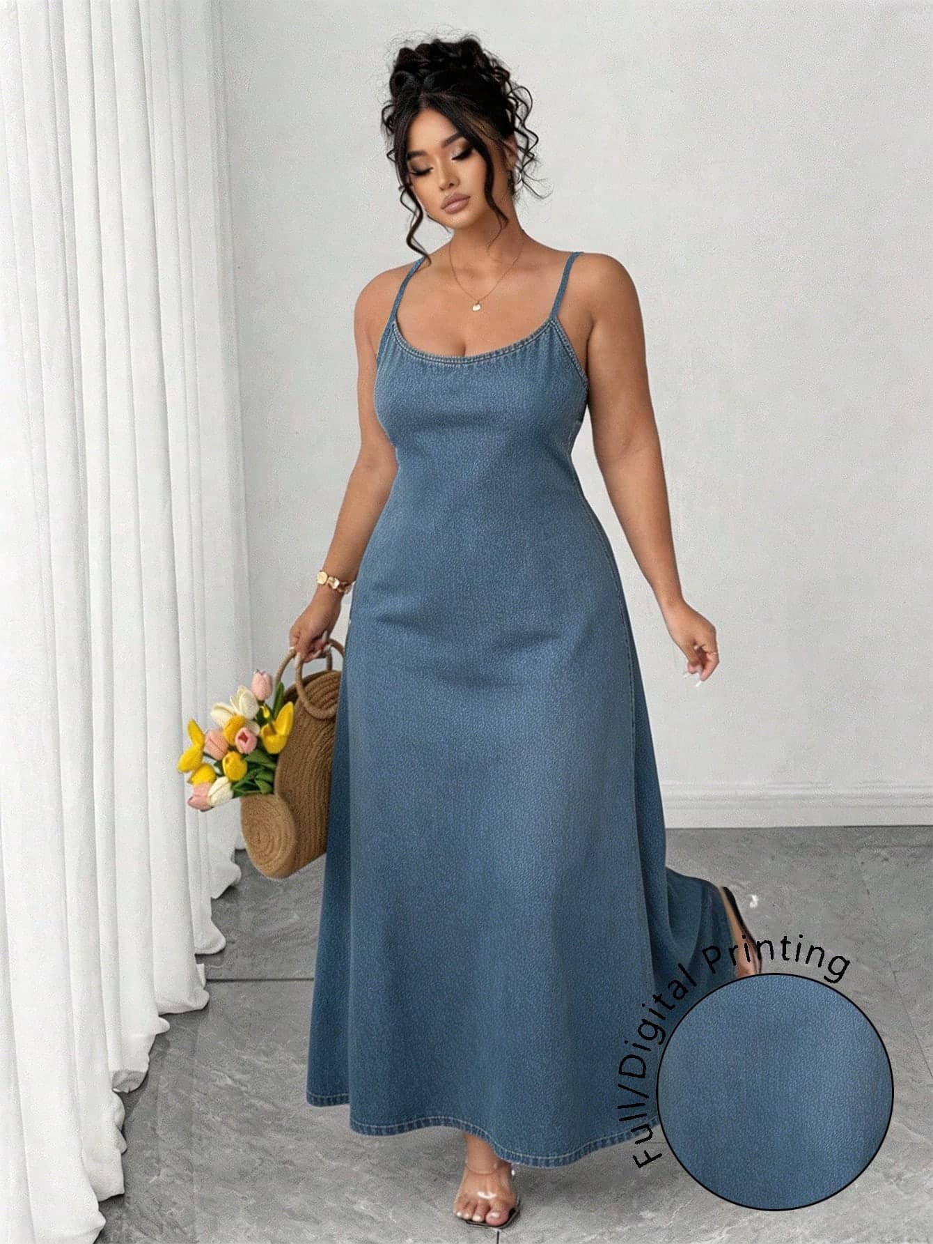 Elenzga Plus Size Minimalist Blue Spaghetti Strap Dress