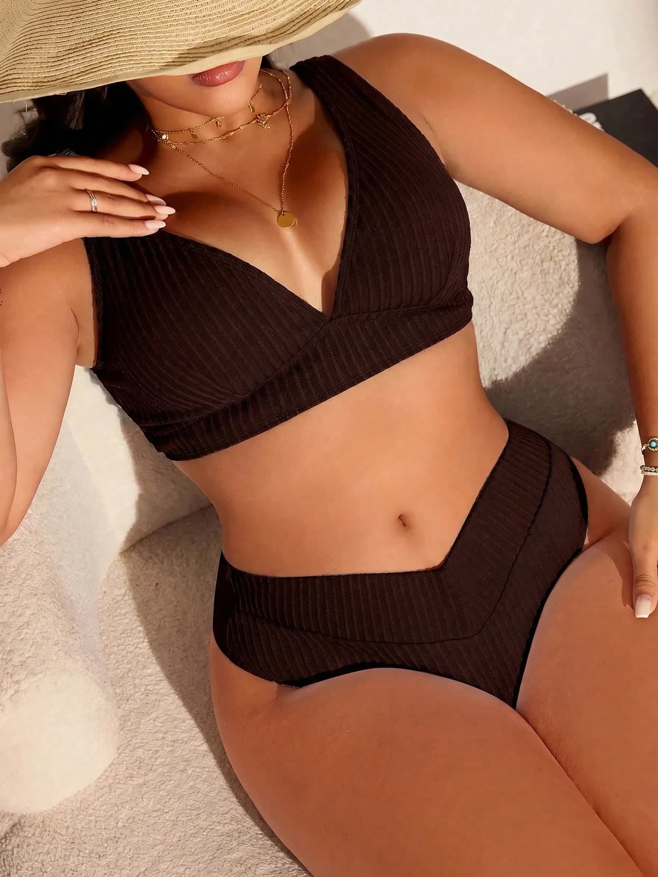 Swim Lushoire Summer Beach Minimalist Textured Fabric Solid Color Plus Size Swimsuit Set
