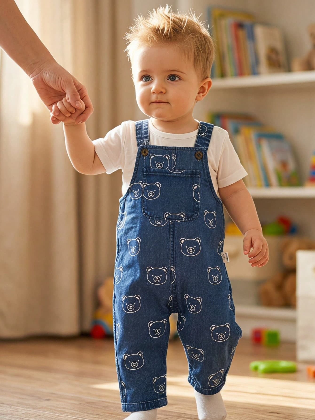 SHEIN Playful Pals 1pc Baby Boys Vintage Cute Cartoon Print Dinosaur Car English Letter Suspenders Long Pants, Light Blue Versatile Casual Fashion Daily Wear Comfortable Adjustable Shoulder Straps Summer New Style