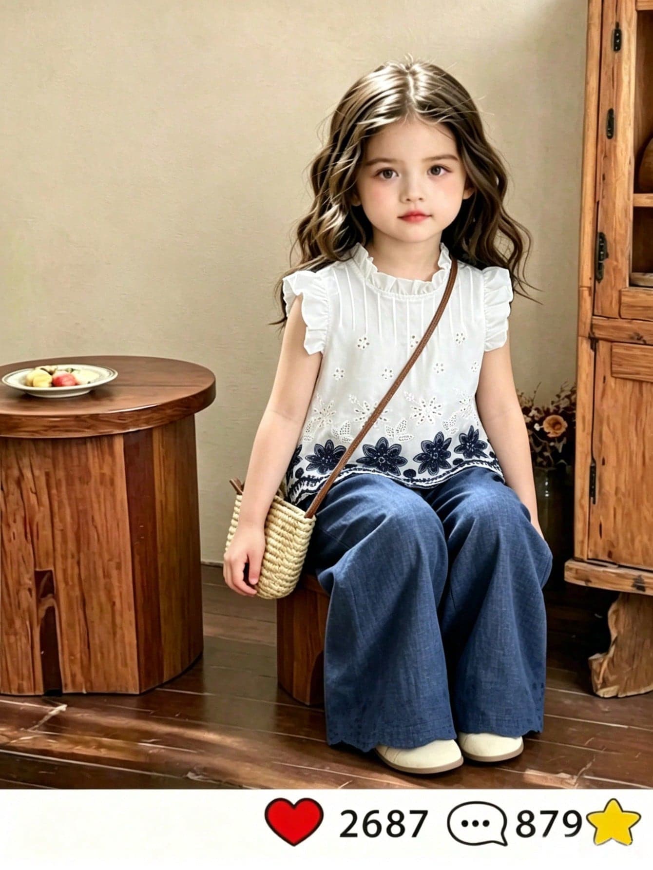SHEIN Elladie kids 2pcs/Set Girls Summer New Small Round Neck Back Water Drop Blue Bow Tie Faux Embroidery Print Fabric Short Flutter Sleeve Ruffle Front Bow Decor Blouse Casual Straight Leg Shorts Simple Retro Fashion Outfit