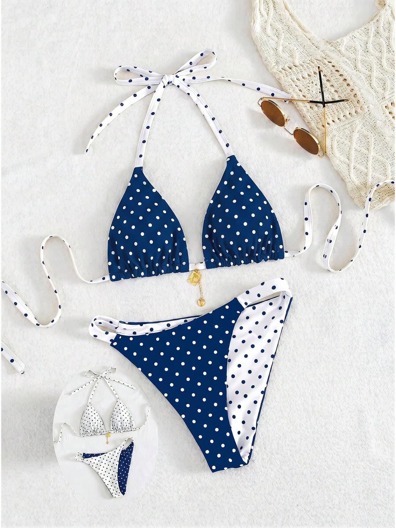 Swim Mod 2026 New Spring/Summer Plus Size 2-Piece Set Polka Dot Random Print Reversible Sweet Cute Summer New Vacation Camisole Women's Bikini Set Set Suitable For Summer Beach And Vacation