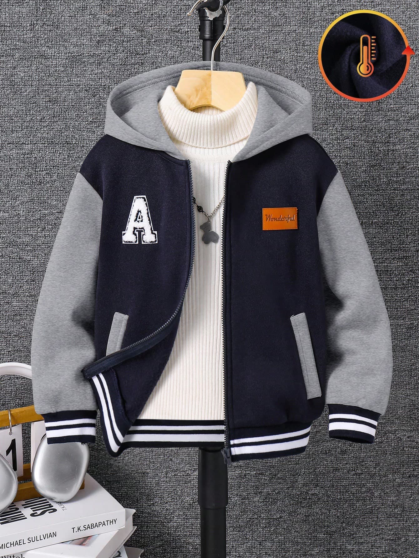 SHEIN Kids Young Boy Baby Boy Casual Versatile Patchwork Colorblock Thick Hooded Jacket, Suitable For School, Garden, Birthday, Fall, Winter, Halloween, Vintage