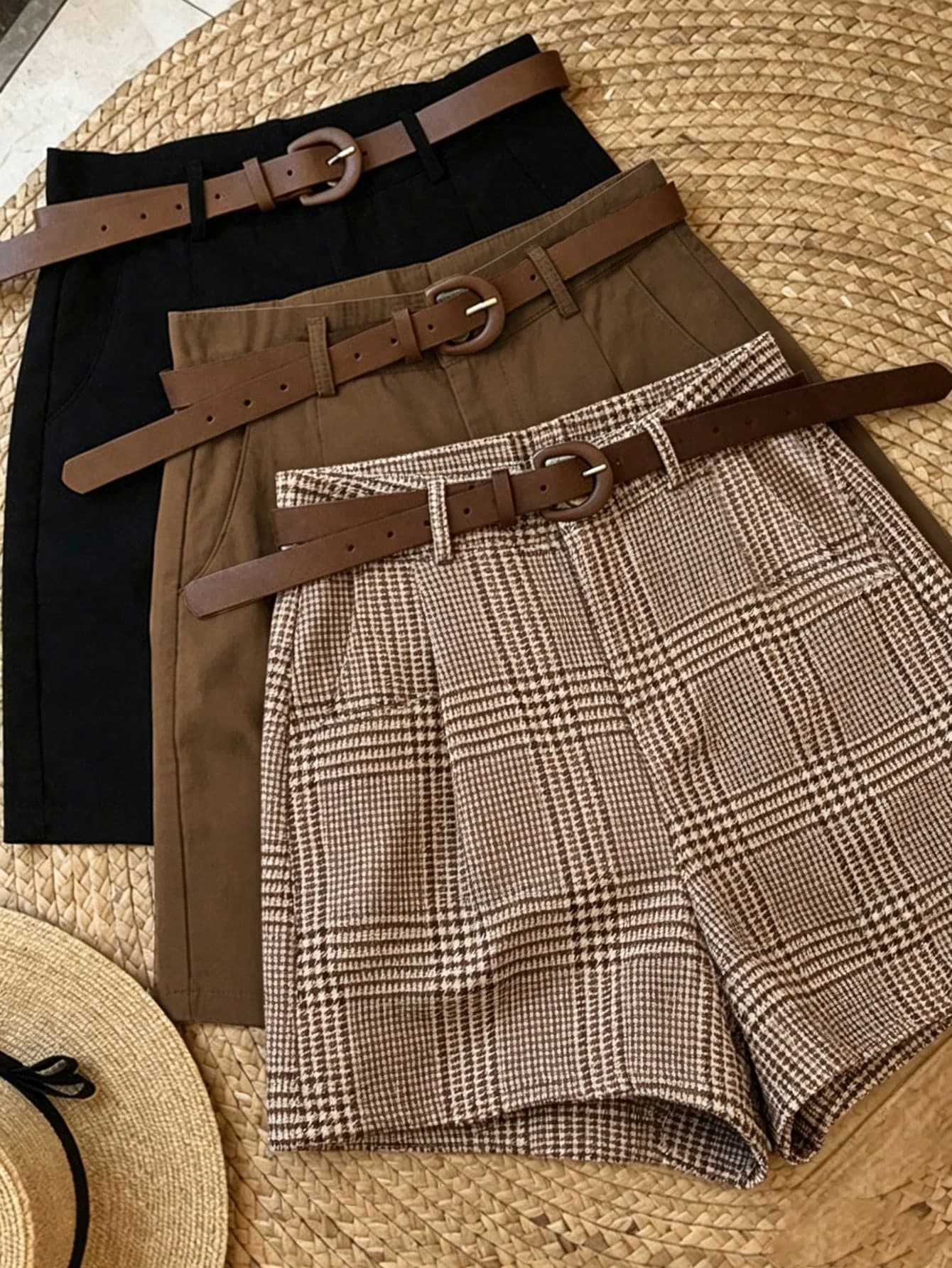 INAWLY Women's Black White Coffee Shorts Casual Commute Business 3 Pieces Set (Belt Not Included)