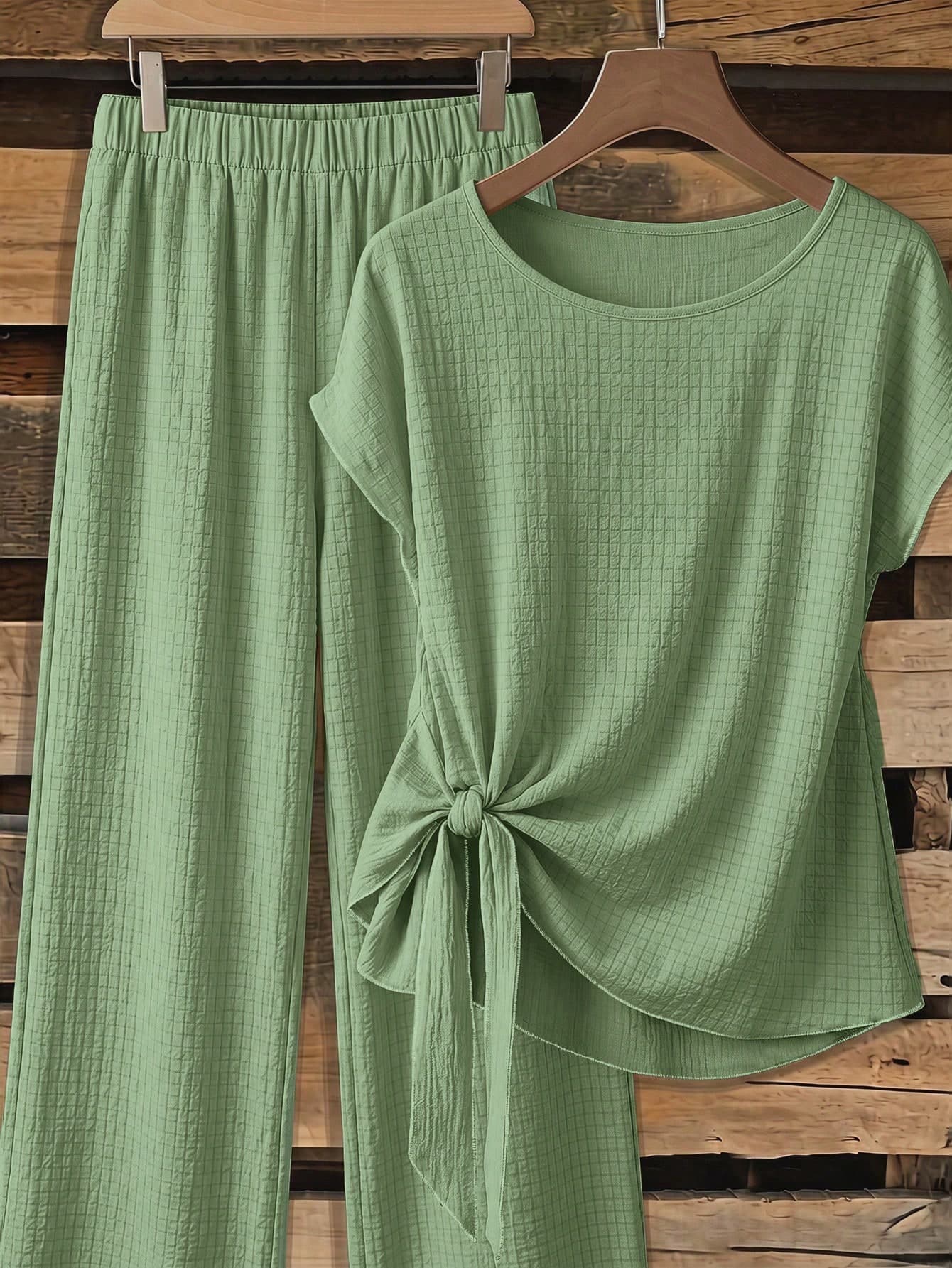 SHEIN Clasi Green Women's Shirt With Bow Tie And Loose Straight Leg Pants 2pcs Set