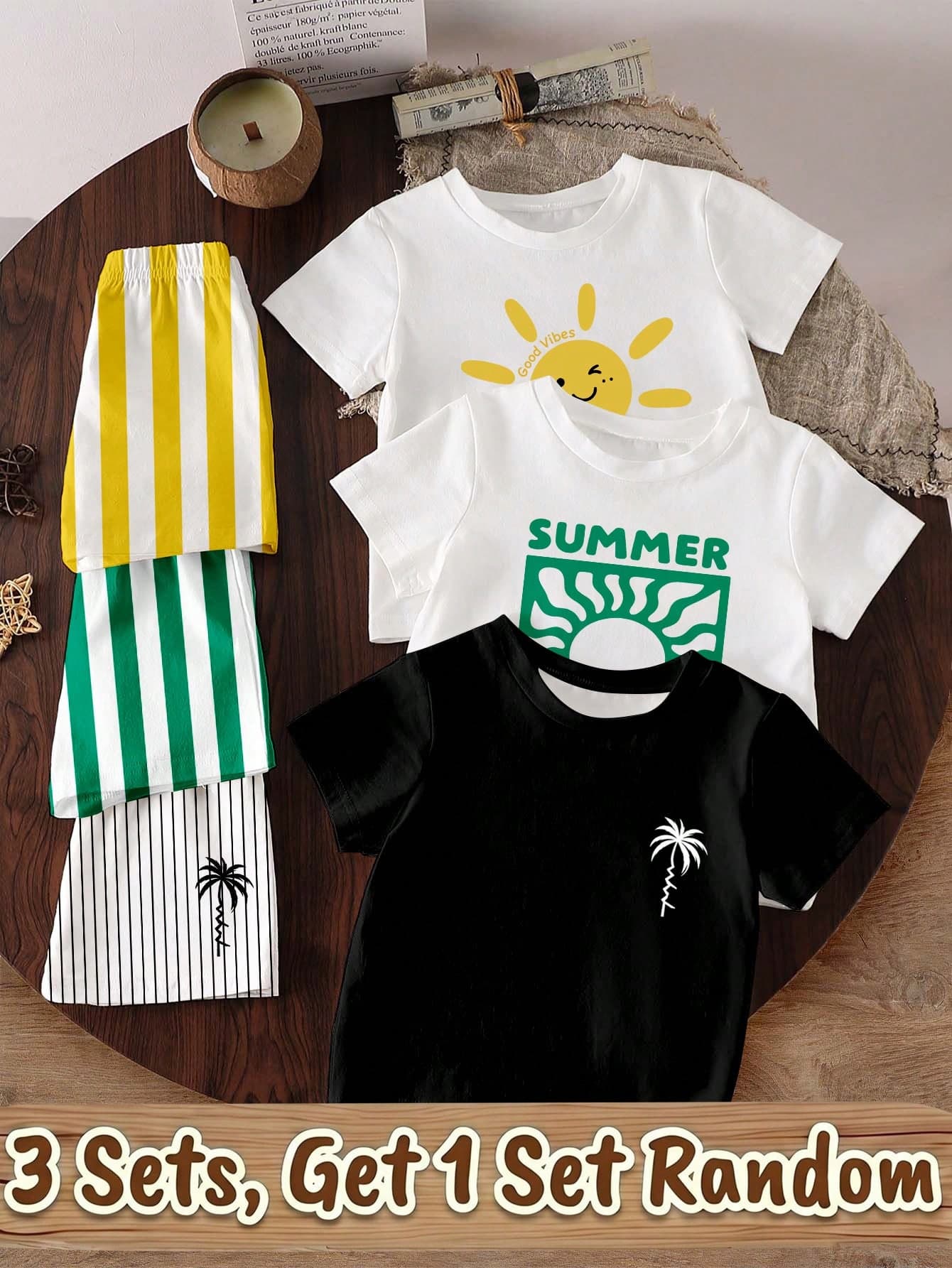 SHEIN 1 Set Random Baby Boys Casual Summer Beach Vacation Striped Print Coconut Tree & Sun Pattern Tank Top Round Neck T-Shirt And Matching Soft Shorts Set, Summer Outfits