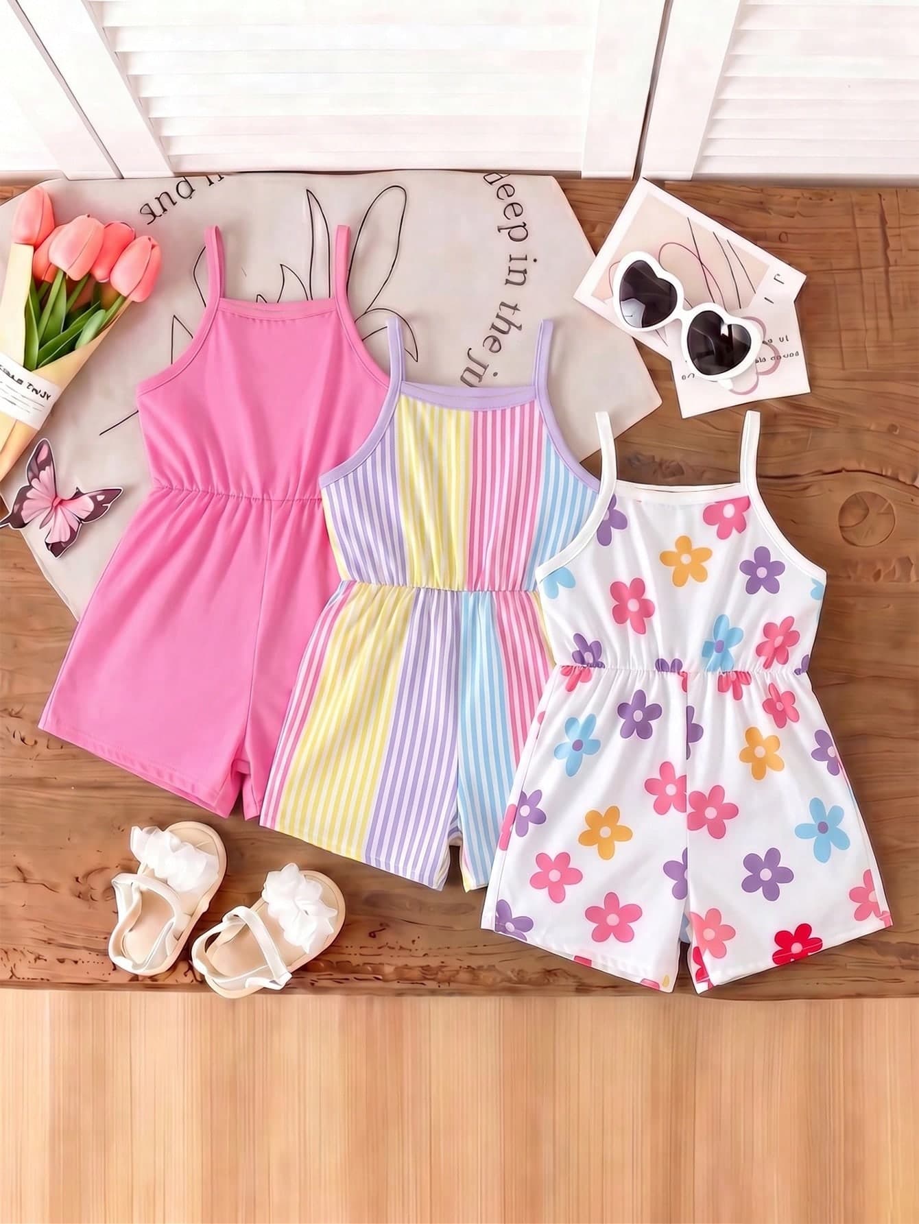 3pcs/Set Girls Toddler Summer New Striped Floral All-Over Print Solid Color Fitted Romper Shorts, Simple Versatile Fashion Vacation Style