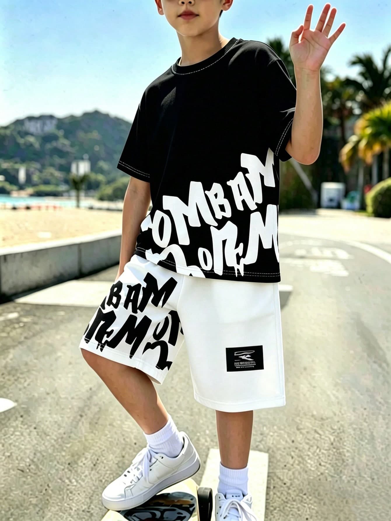 Summer New Tween Boys Casual Short Sleeve & Shorts 2-Piece Set, Letter Print Loose Outfit, Middle To Older Kids Viral Streetwear Style, Versatile For Daily Outings, Campus, Travel, Fashionable & Handsome Kids Set, Bestselling Cool Sports Outfit, Practical & Stylish For Multiple Occasions