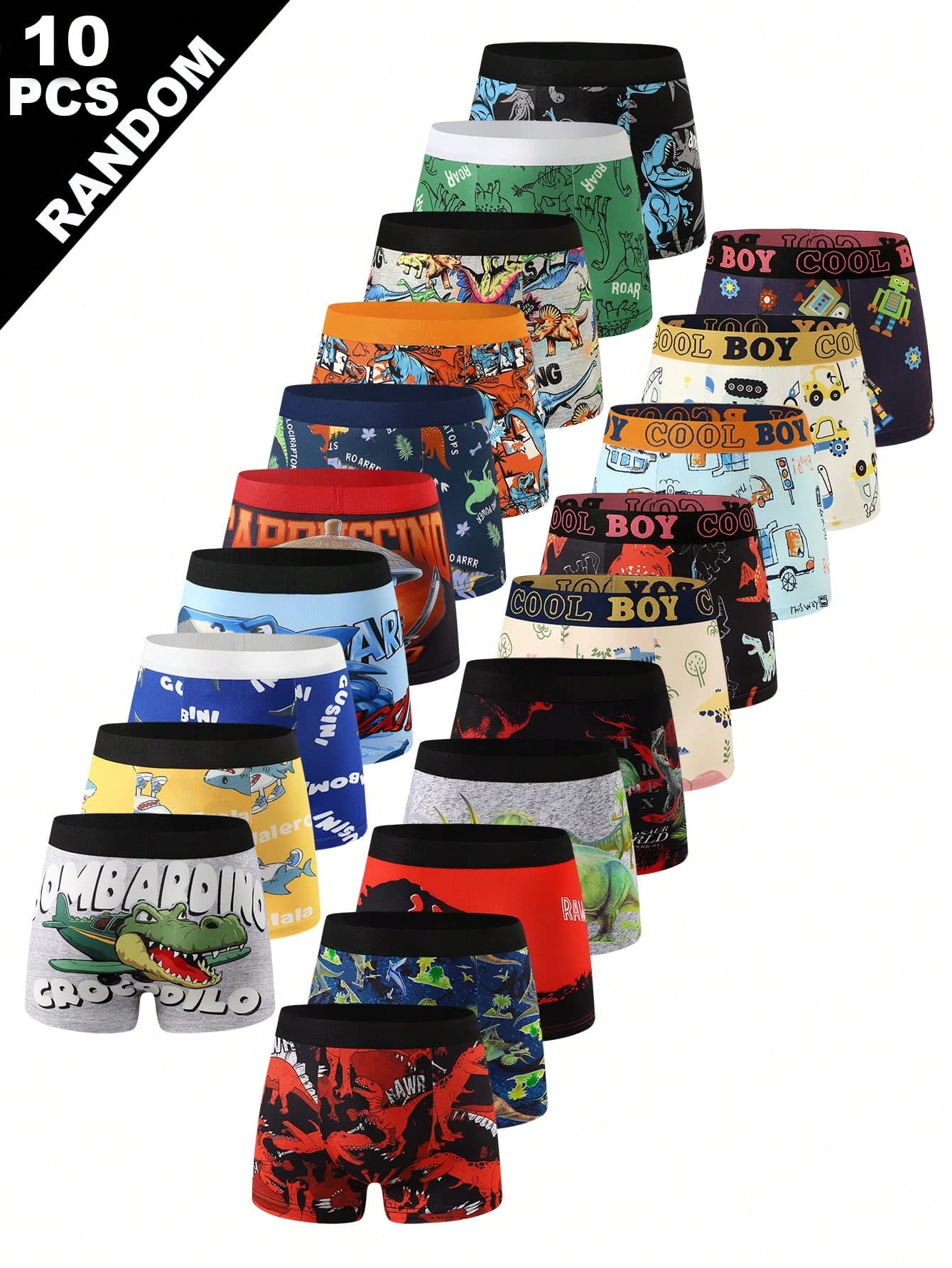 Random 10 Piece Big Kids Multi-Color Boxer Briefs Underwear With Playful Cartoon Prints,Comfy Red Leopard Print Night Essential Soft Knit For Boys