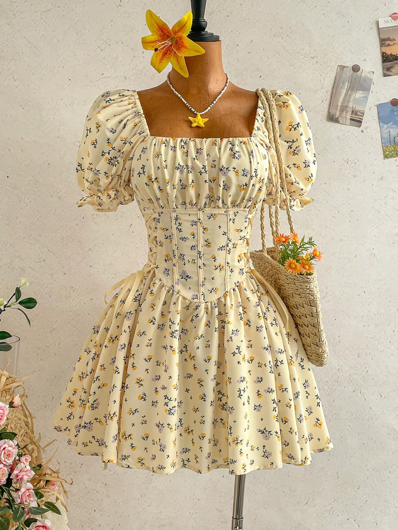 Soleia New Casual Cottage Core Flowy Vacation Square Neck Printed Tie Mini Dress Date Afternoon Tea Music Festival Bohemian Daily Wear Single Wear Cream