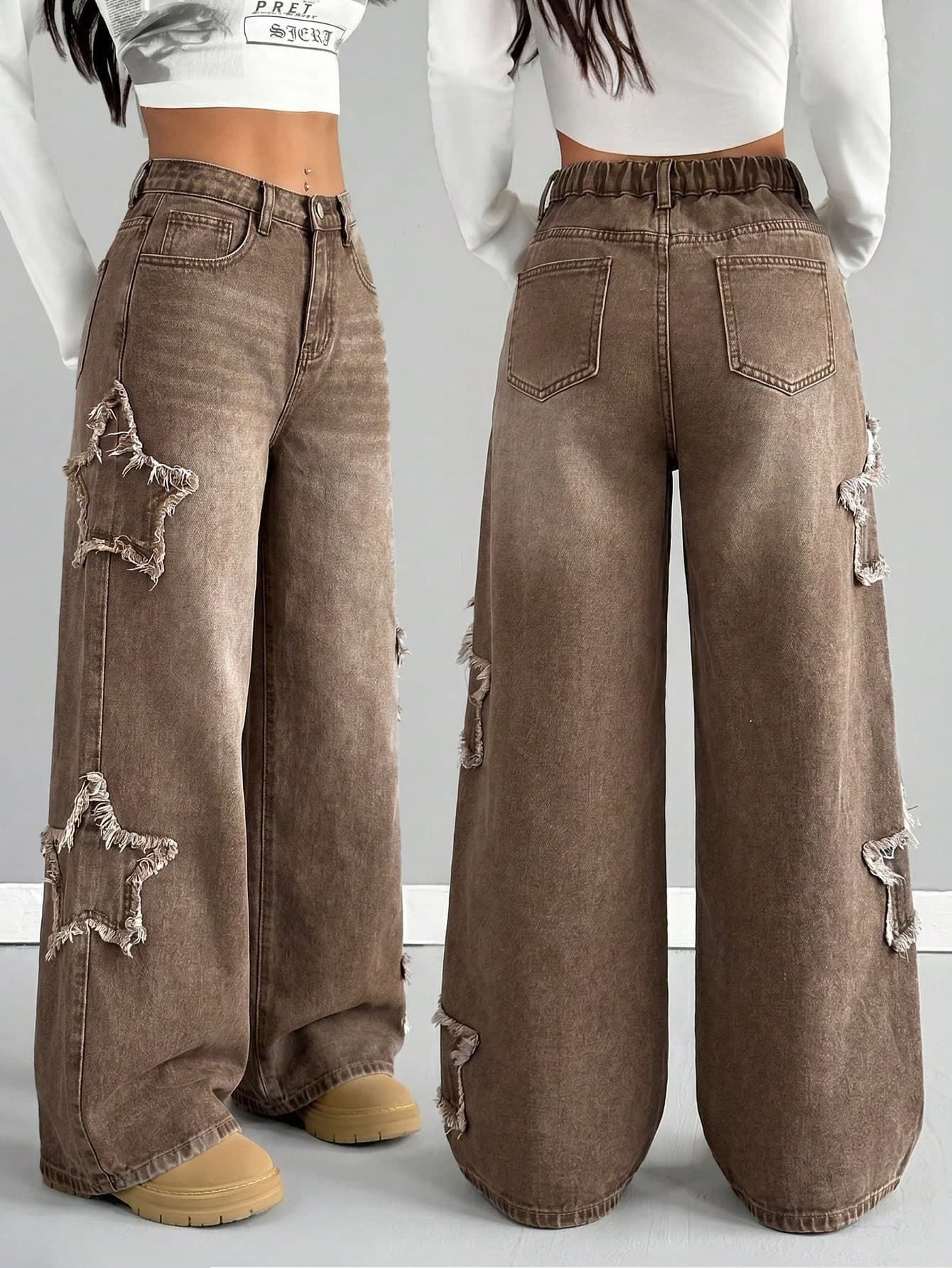 SHEIN Girlism Teen Girl Frayed Hem Five-Point Star Pocket Wide Leg Loose Fit Denim Jeans