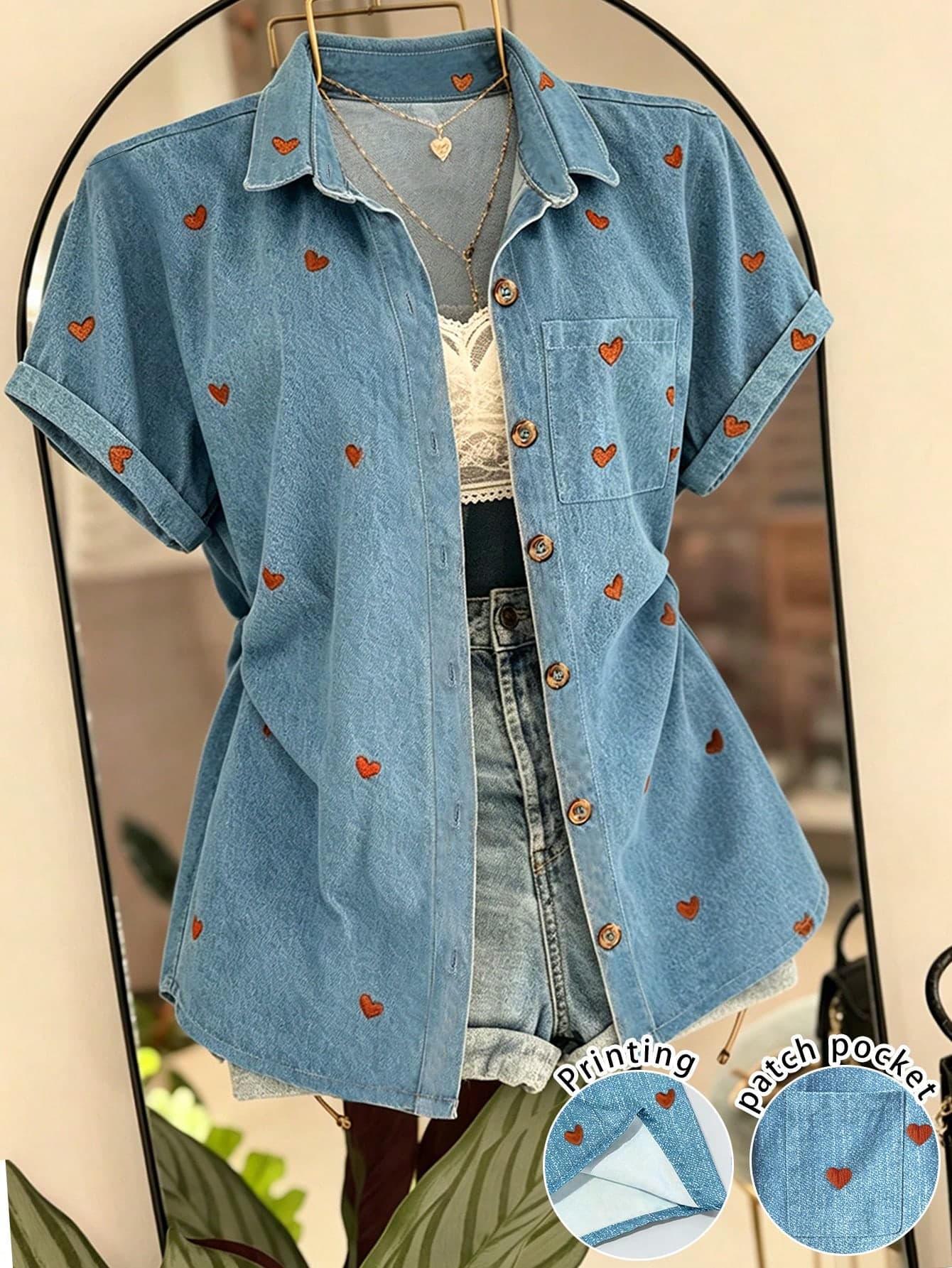 Franclia Heart Pattern Pocket Single-Breasted Casual Vacation Women's Short Sleeve Shirt