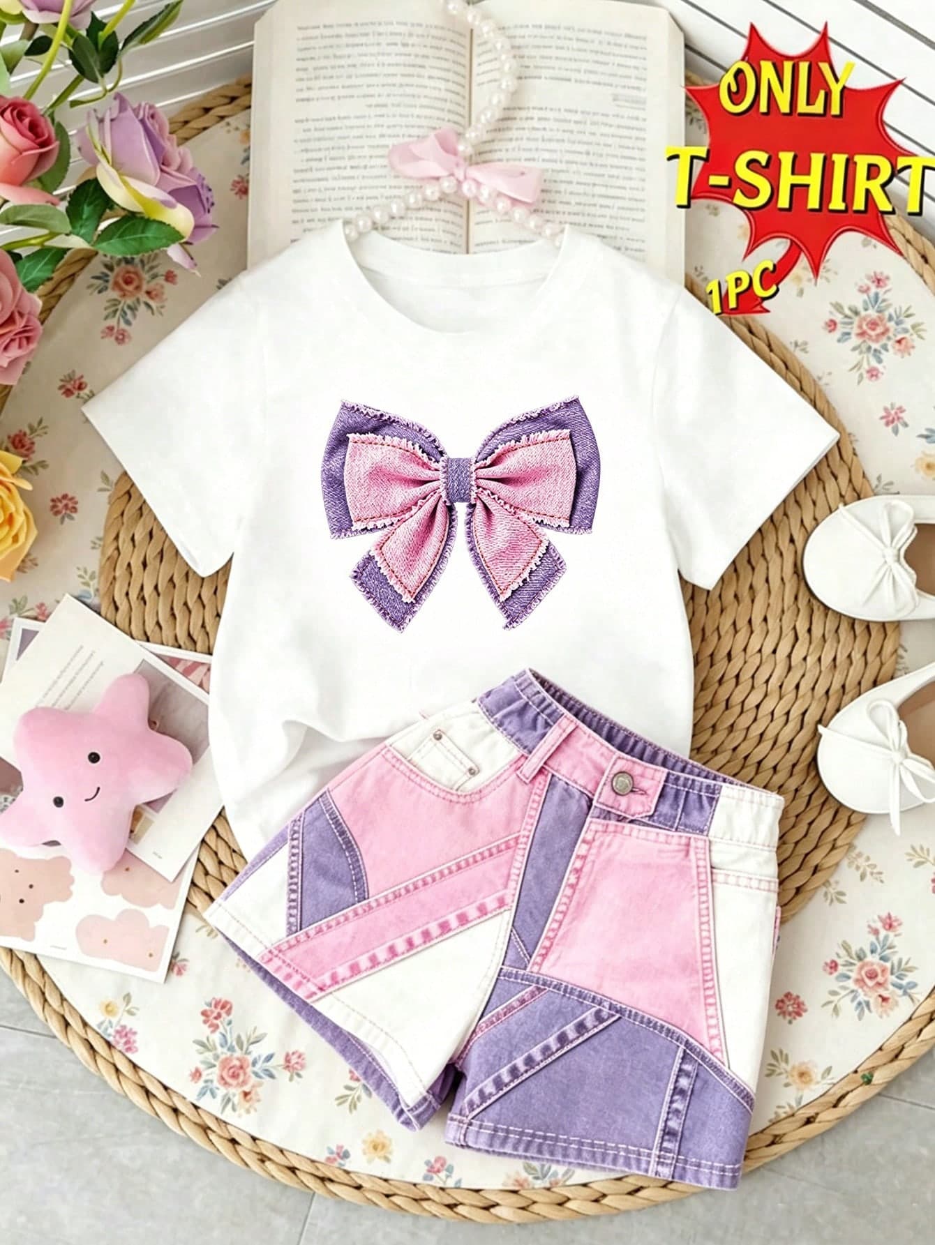 Elladie kids Spring, Summer, And Autumn: Fashionable, Creative, Fresh, Simple Pink And Purple Bow Print Basic Short-Sleeve T-Shirt For Girls - Comfortable Daily Wear