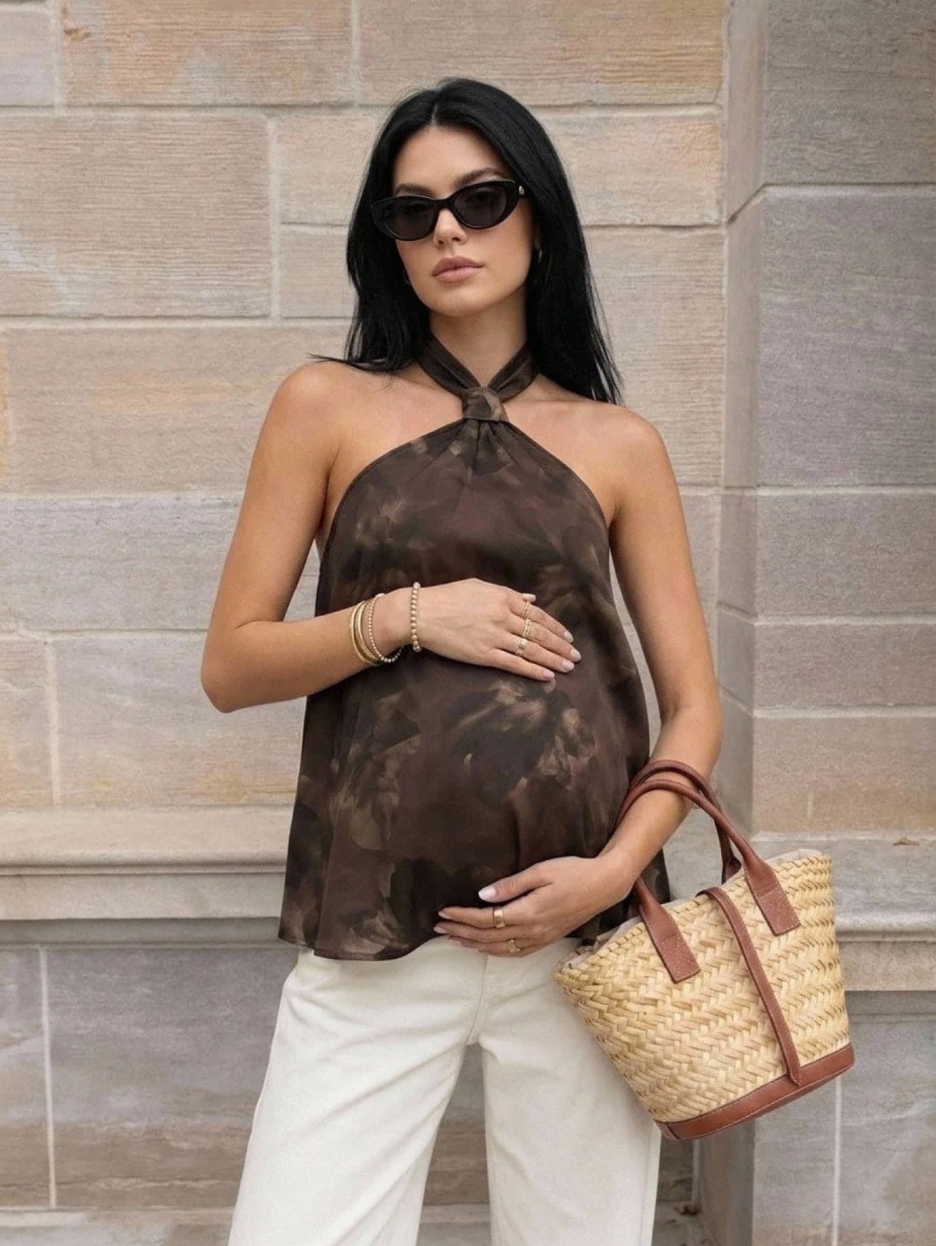 MaterniWear Maternity Work Photoshoot Coming Home Clothes,Maternity Tops,Business Casual Outfit Women Elegant Floral Print Halter Neck Camisole For Summer
