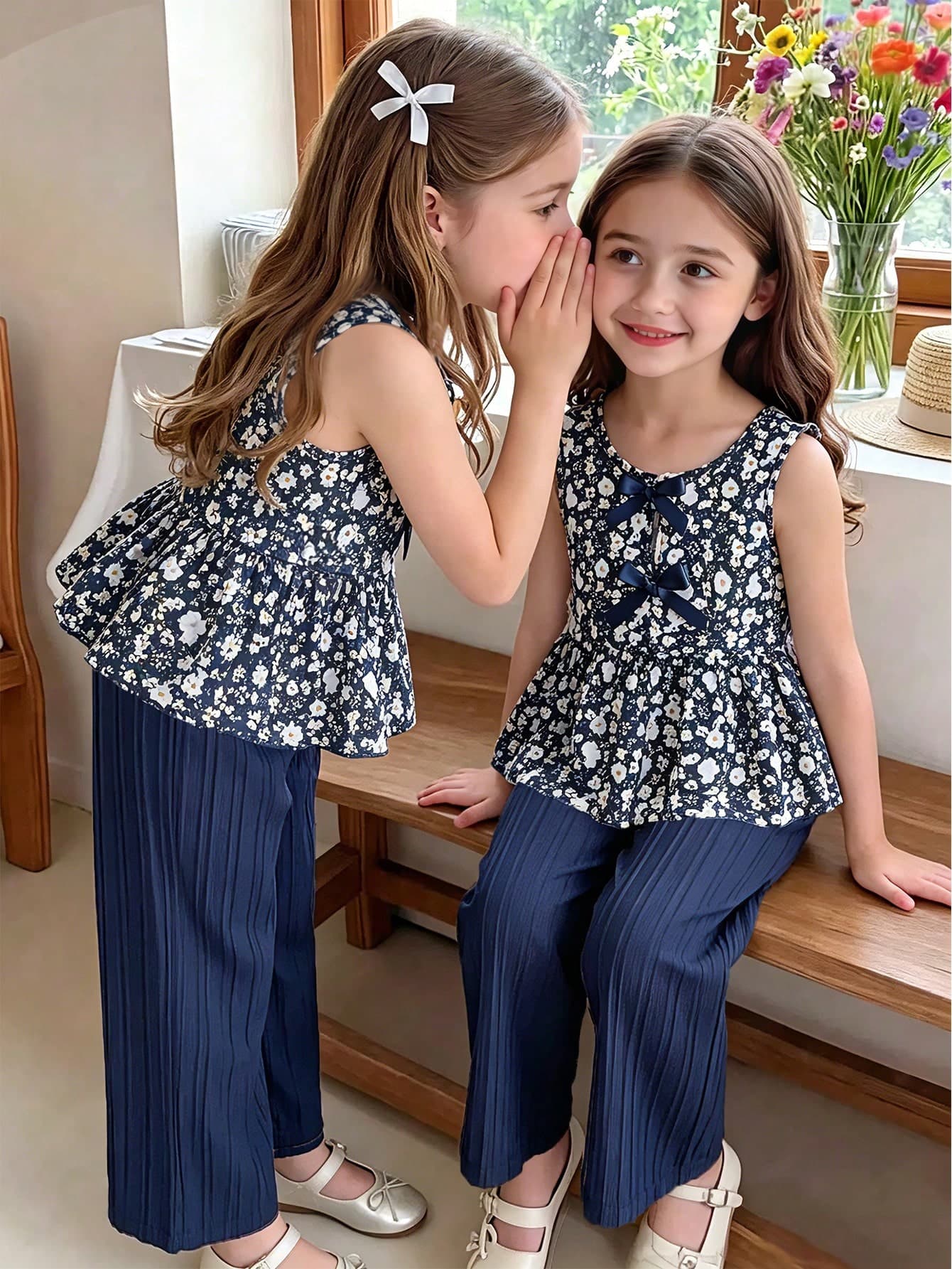 SHEIN Elladie kids Young Girls New Fresh Pastoral Delicate Ditsy Floral 2-Piece Set, Pink Bow Decor Sleeveless Tank Top + Pink Textured Fabric Wide Leg Long Pants, Sweet Cute Stylish Daily Outfit, Summer