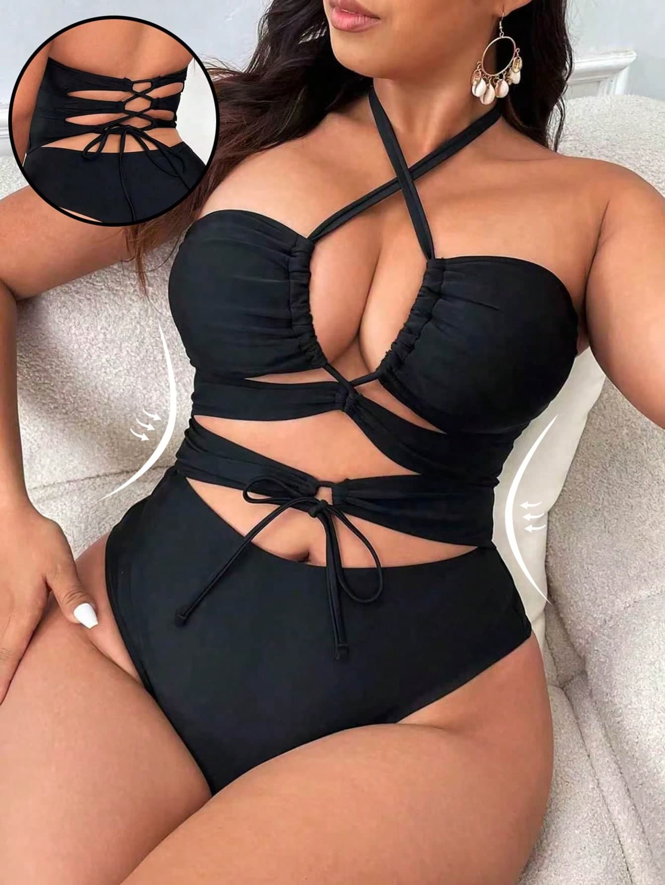 Swim SXY Plus Size Summer Beach Cutout Crisscross Tie Front Halter Neck One-Piece Swimsuit