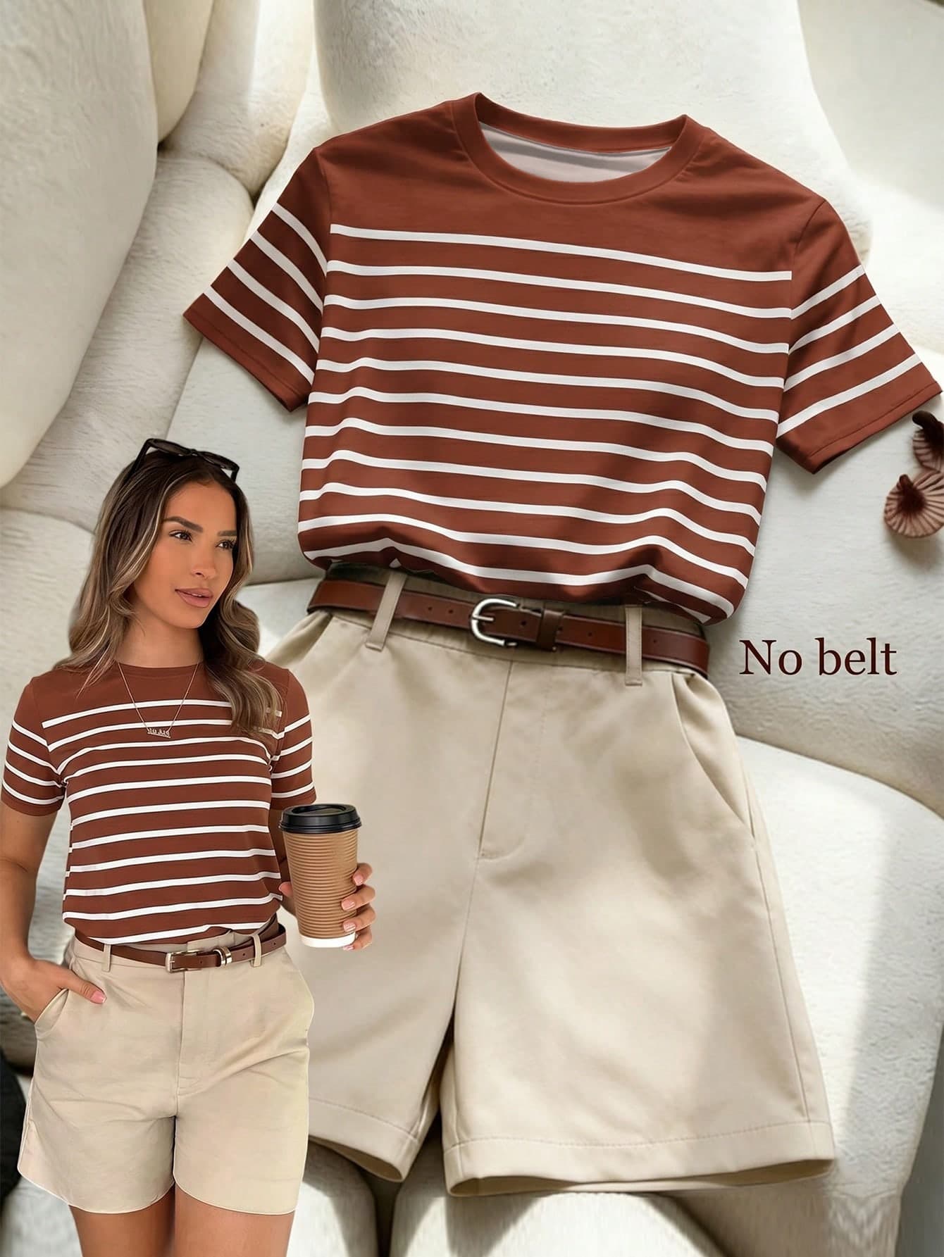 Franclia Women's Striped Round Neck Short Sleeve T-Shirt And Shorts Casual 2-Piece Set