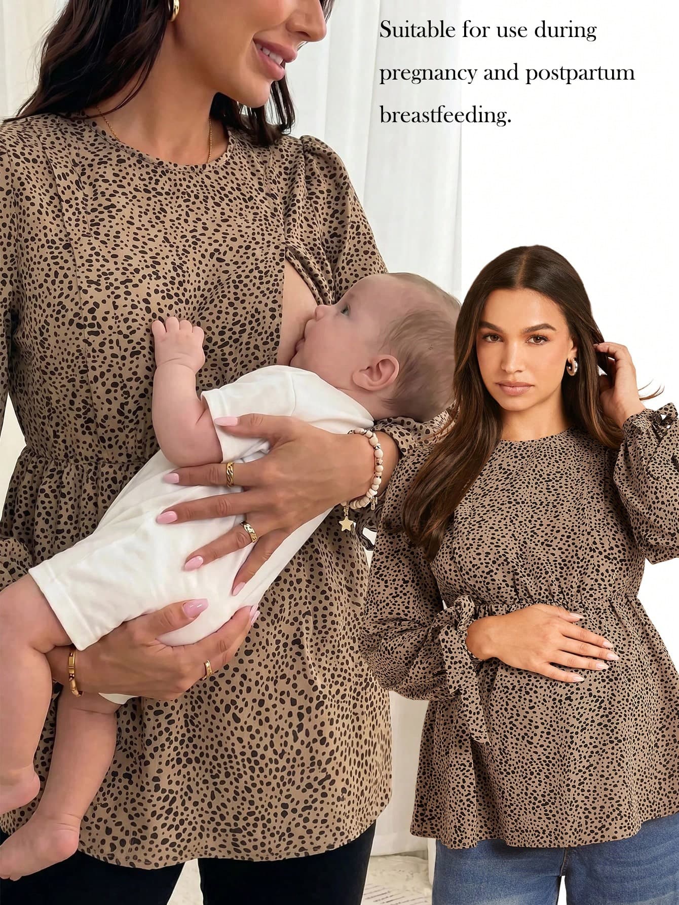 Boho Mama Maternity Casual Breastfeeding Shirt, Long Sleeve Bow Button Up Blouse For Pregnant Women Fall