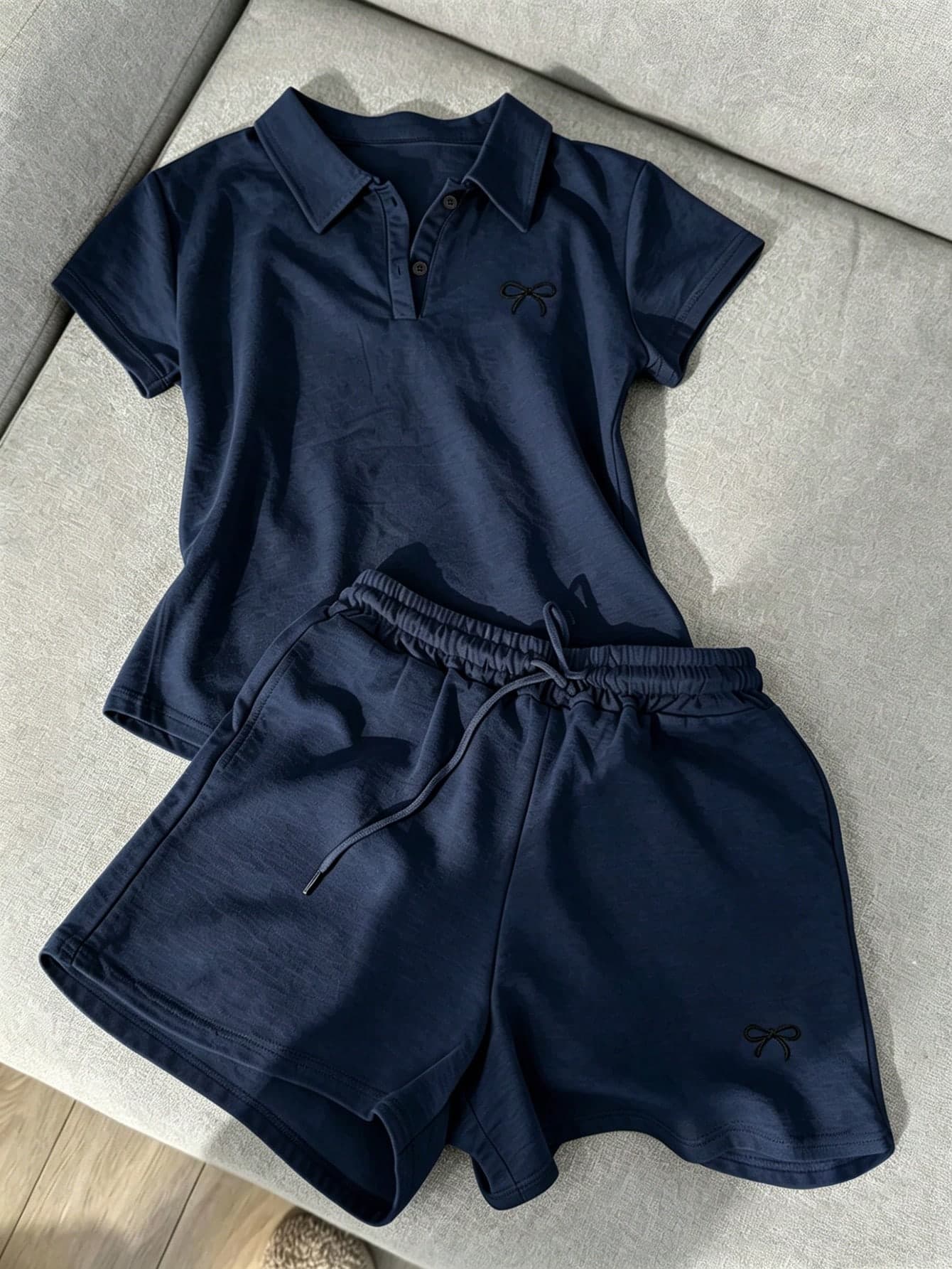 Resyla Summer Casual Fashion Women's Bow Embroidery Decor POLO Shirt Short Sleeve Shorts Women's Two Pieces Set