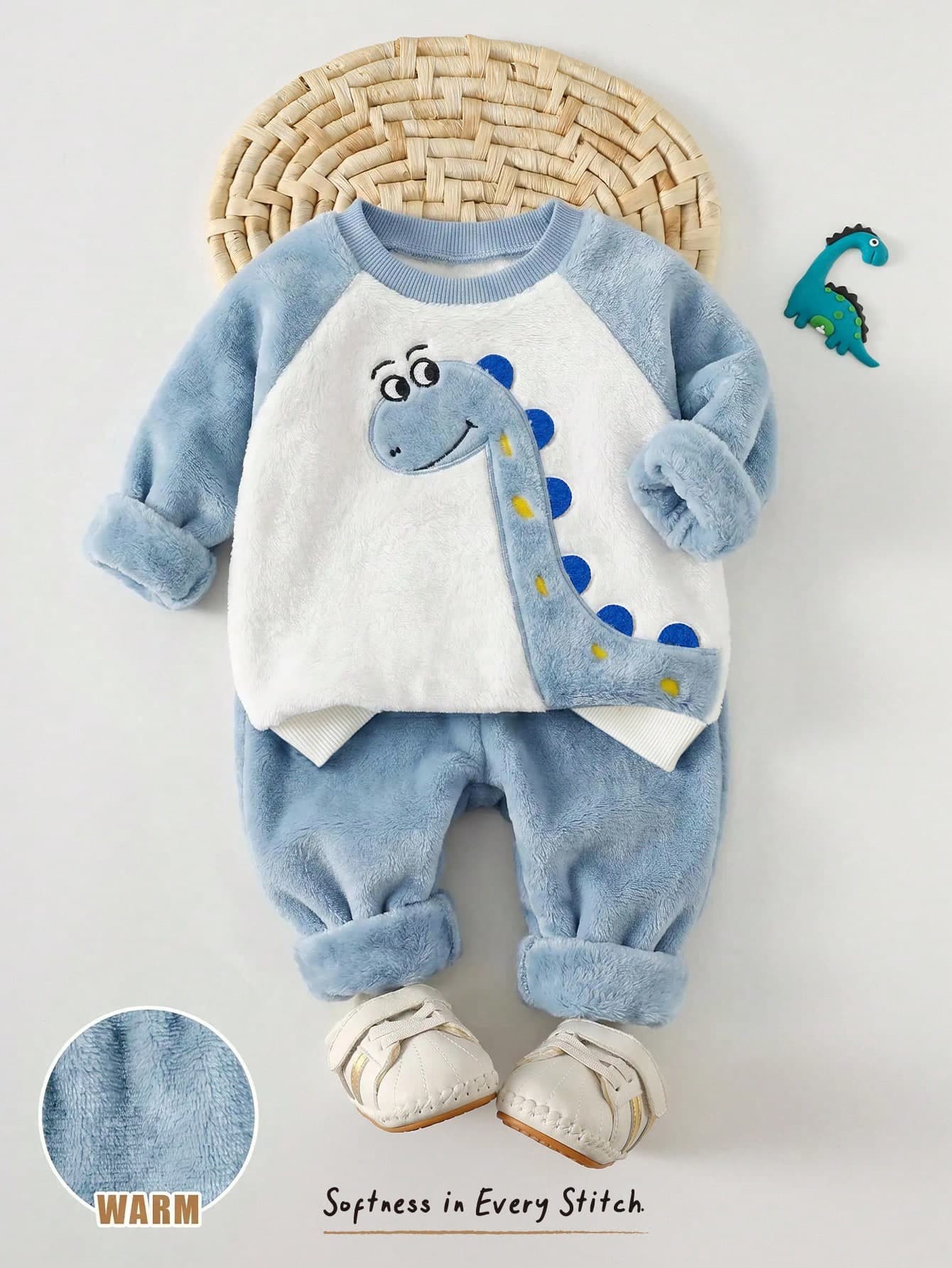 Cozy Pixies Baby Boy Cartoon Animal Pattern Thermal Lined Thick Crew Neck Long Sleeve Pullover Sweatshirt And Elastic Waist Long Autumn Winter Pants 2pcs Set