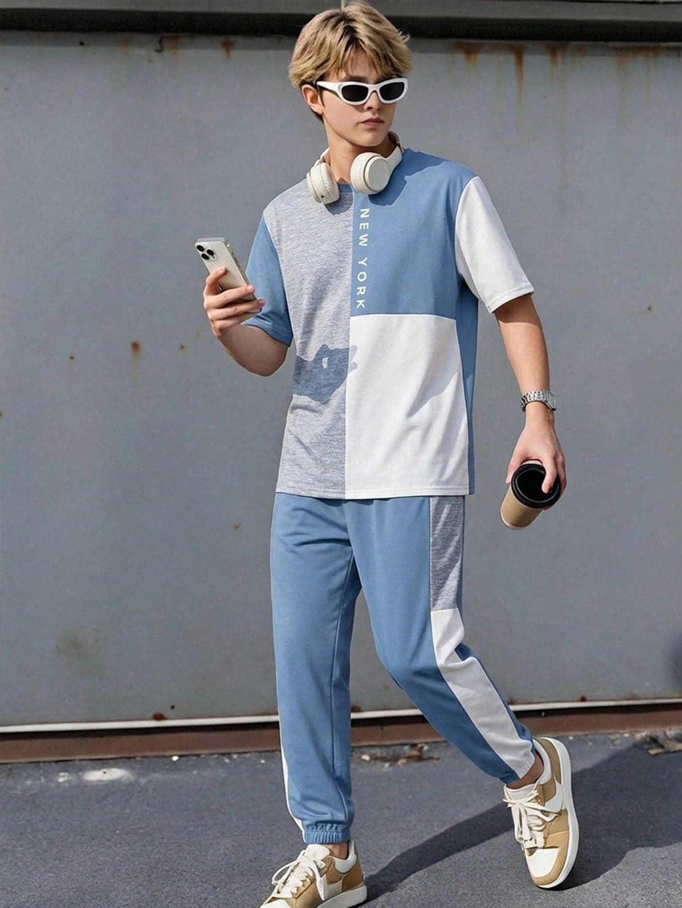 SHEIN Teen Boy Letter Print Colorblock Short Sleeve T-Shirt And Pants Casual Set