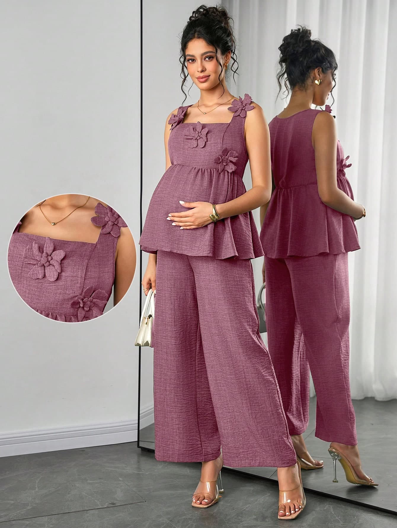 Momance Maternity 2 Pieces Set Sleeveless Square Neck A-Line 3D Floral Tank Top And Straight Leg Pants With Waist Gather