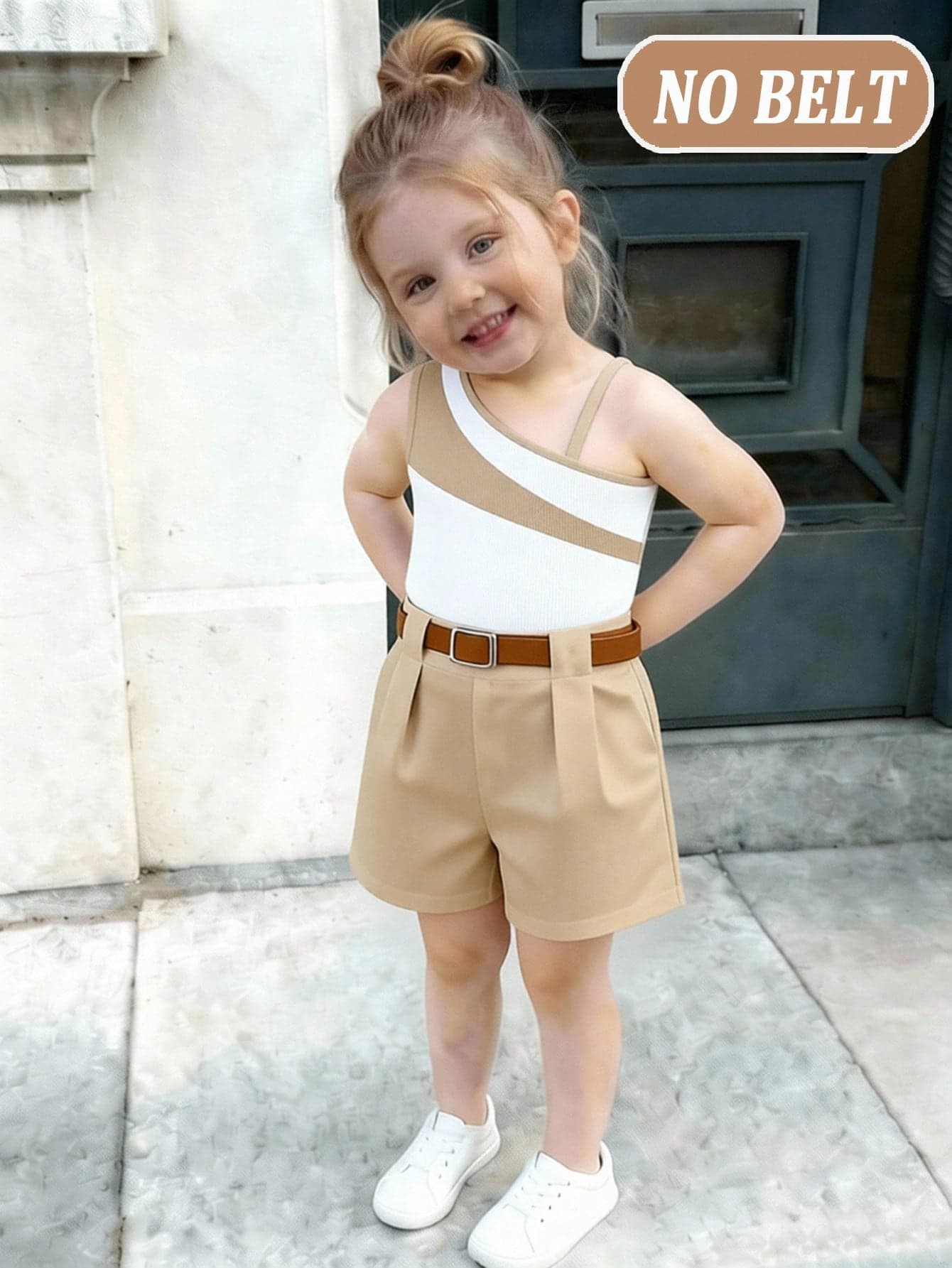 Elladie kids Baby Girl Casual Commuter 2 Pieces Set Colorblock Asymmetric Tank Top And Blazer Shorts Suitable For Summer