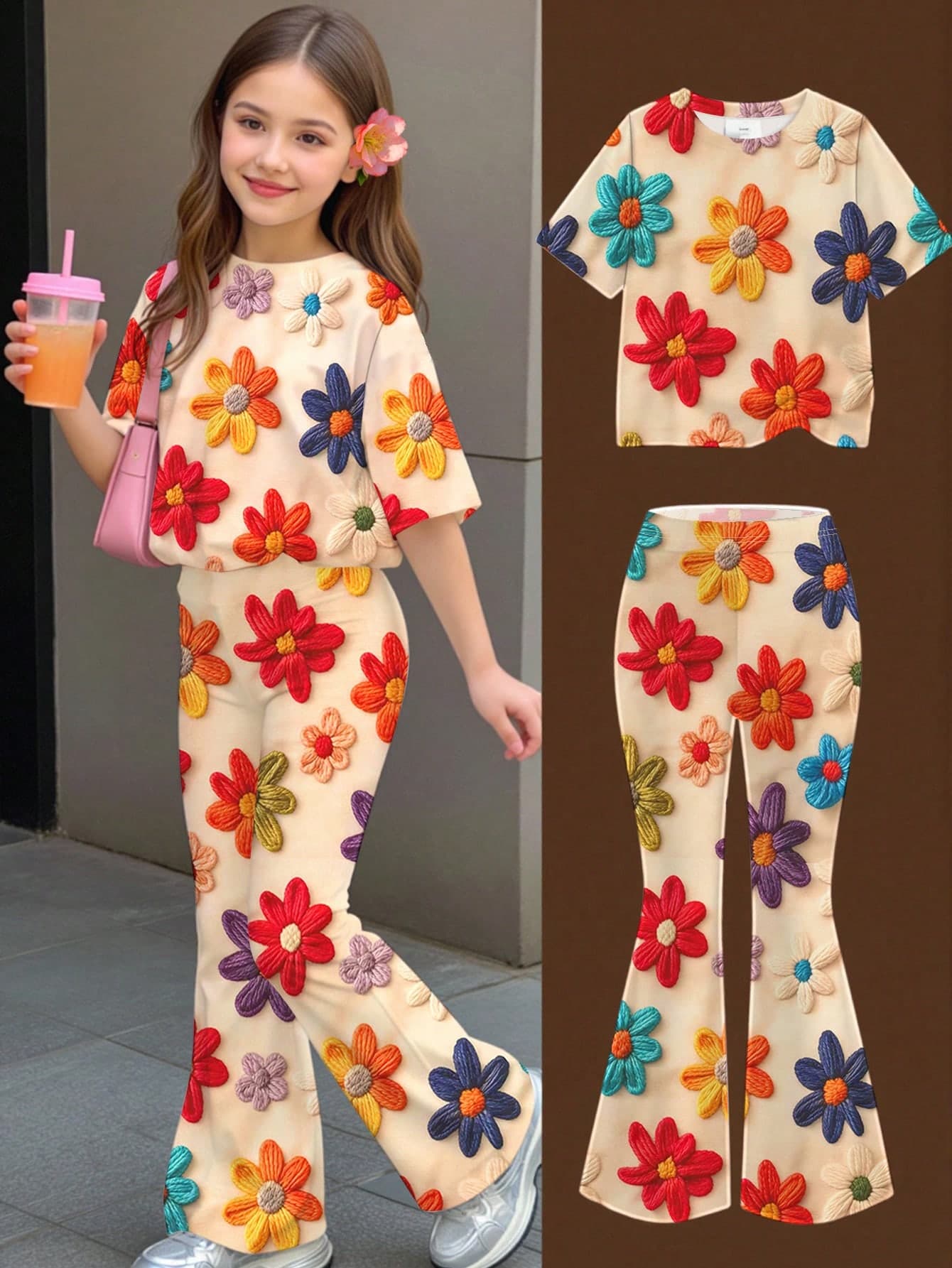 Young Girl Casual Simple Cute Fun Textured Floral Print, Short Sleeve Long Pants Two Pieces Set Suitable For Summer Graphic, Cozy, Girls Outfit Sets, Y2k, Vintage, Vacation