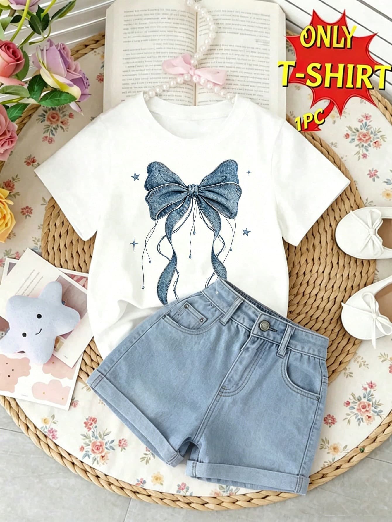 Elladie kids Spring Summer Autumn Girls Toddler Fashion Creative Fresh Minimalist Pink Bow Pattern Print Casual Basic Short Sleeve T-Shirt