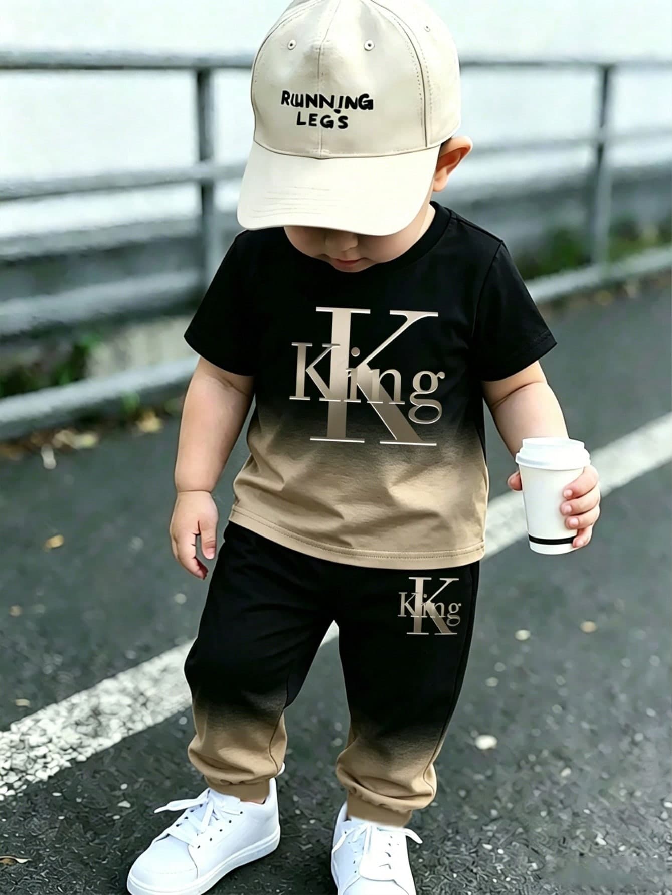 1 Set Baby Boys Casual Fashion Minimalist Letter KING Print Gradient Round Neck Short Sleeve T-Shirt And Matching Long Pants Soft Outfit