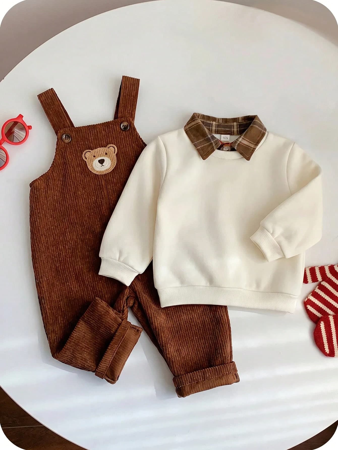 SHEIN Baby Boy 2pcs Set Sweatshirt Jumpsuit Romper Brown Cartoon Bear Cute Autumn Winter Comfy Versatile Set Outing Holiday Warm Brown Cute Bear