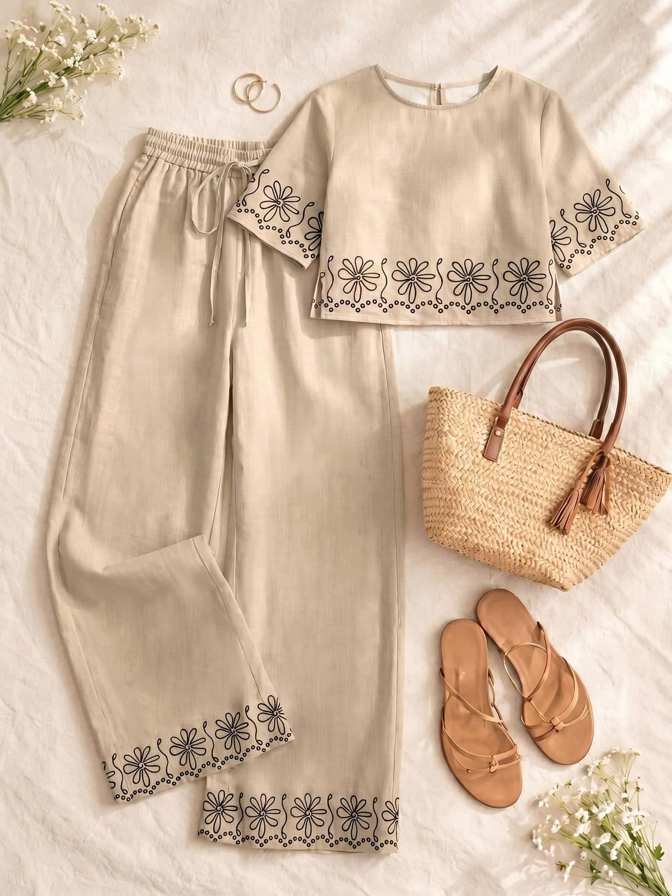 Rusticease Country Casual Boho Black And Beige Party Vacation Women's Summer Floral Print Round Neck Short Sleeve Top And Drawstring Waist Pants 2pcs Set Elegant
