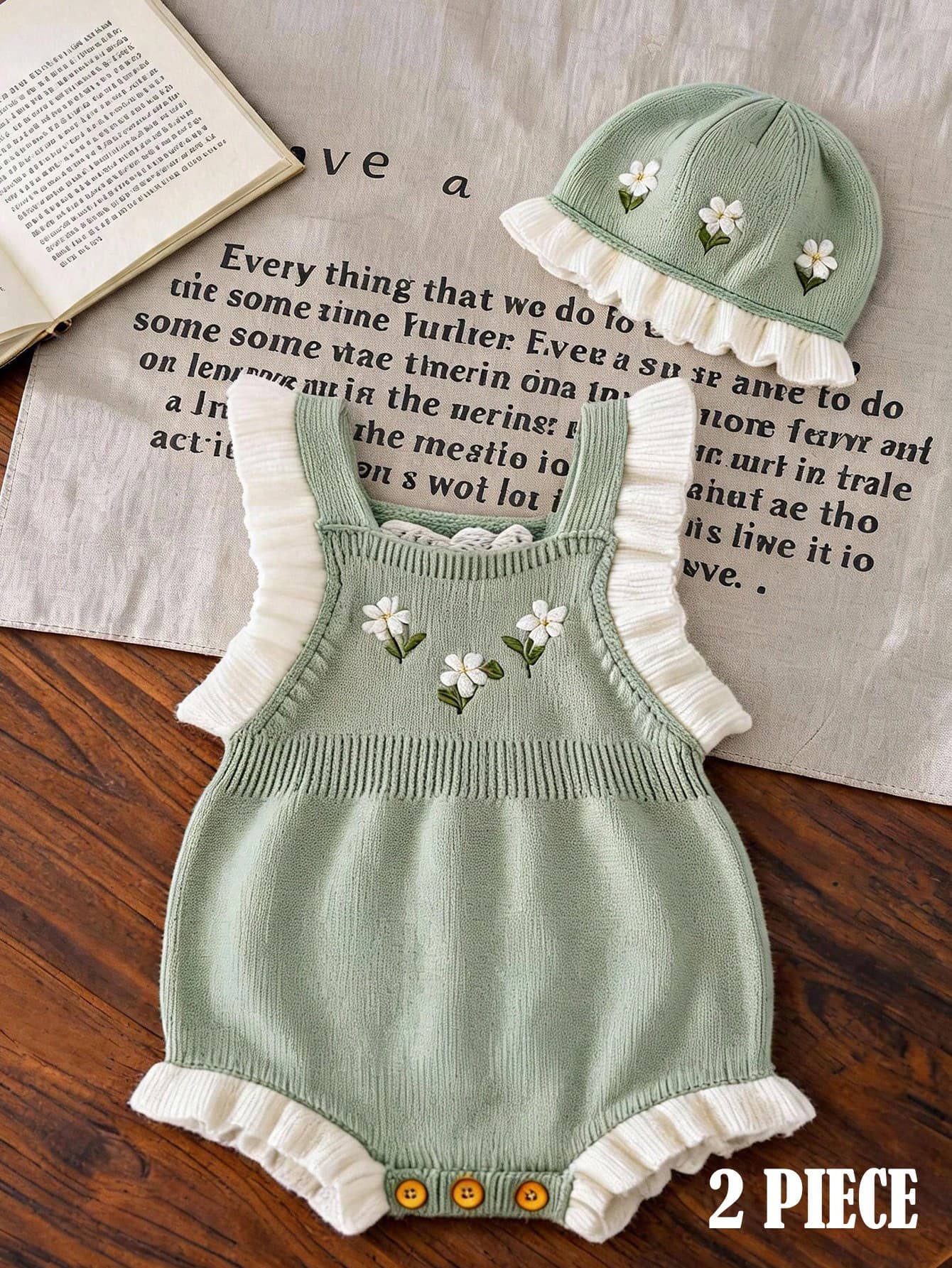 SHEIN LMoss Kids Baby Girl Newborn Ditsy Floral Knit Autumn Romper, Colorblock, Lace Trim, Suitable For Full , Birthday And Other Occasions, Romper + Hat 2pcs Set