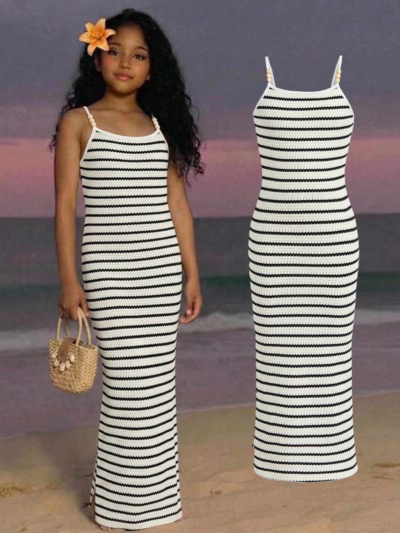 SHEIN Tween Girl Tween Girls Squishy Striped Knit Spaghetti Strap Long Dress Casual Daily Outing Versatile Streetwear Suitable For Any Occasion Sister Outfit Parent-Child Outfit Cute Girl Outfit