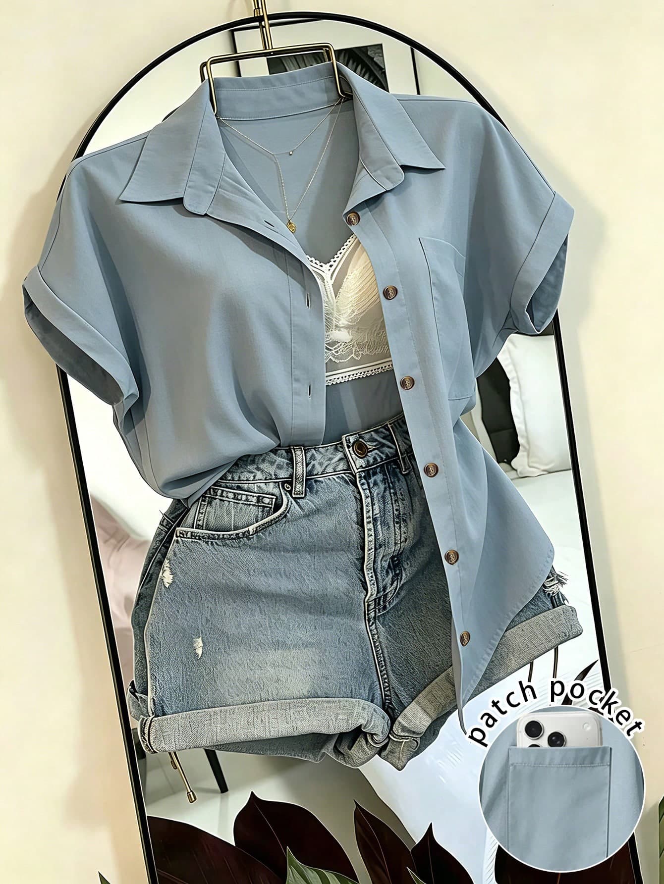 EMERY ROSE Women's Solid Color Single-Breasted Pocket Casual Vacation Shirt