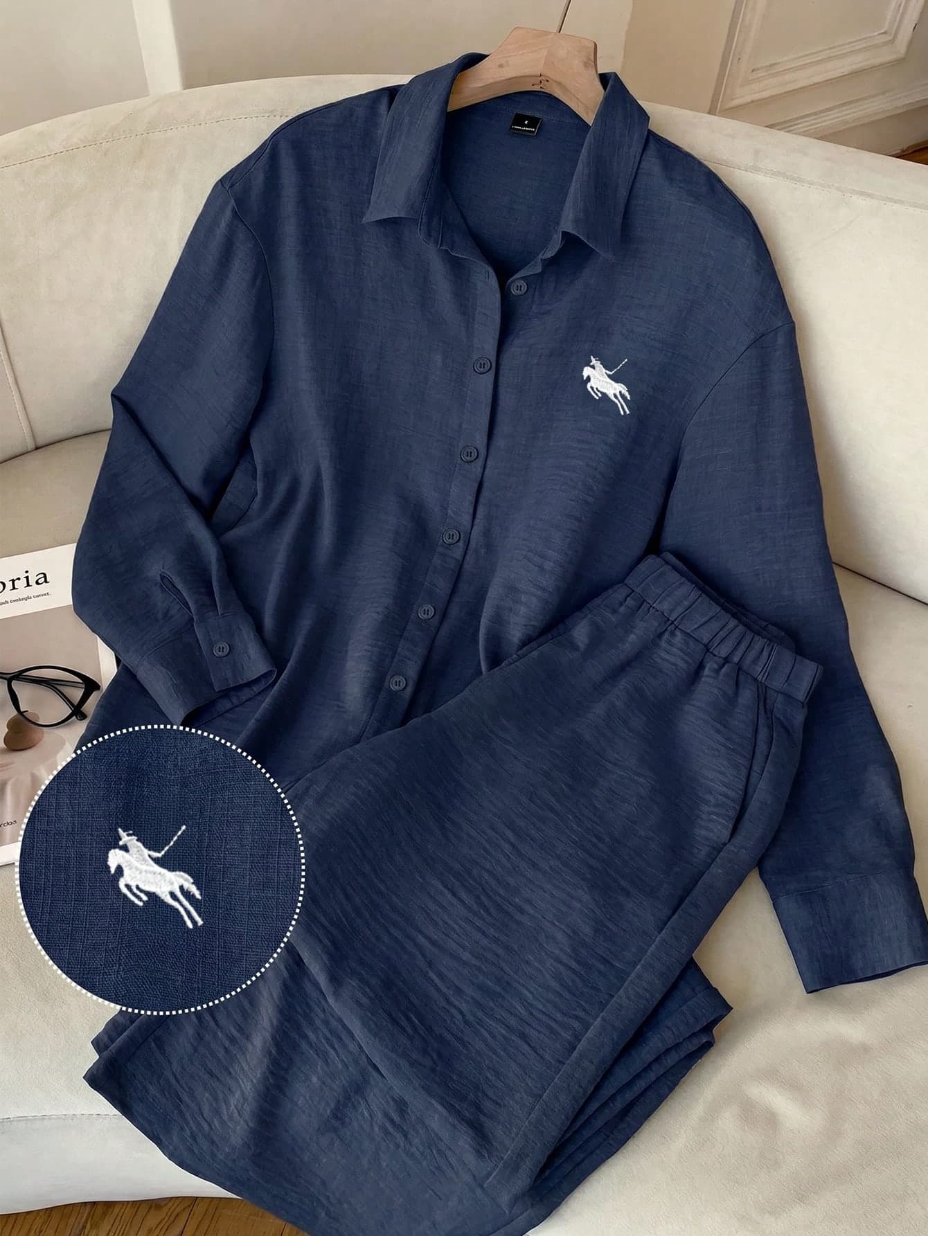 SHEIN EZwear Navy Blue Woven Knight Embroidery Casual Long Sleeve Shirt And Pants Set Lounge Autumn