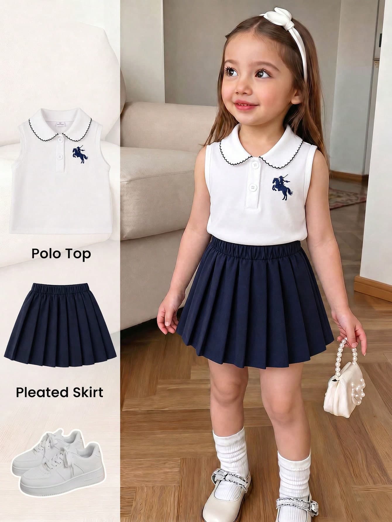SHEIN Elladie kids Girls 2pcs Set Preppy Style Horse Embroidery Turn Collar Ruffle Embroidered Collar Sleeveless Vest Top And Royal Blue Pleated Skirt, Suitable For Summer Back To School Season