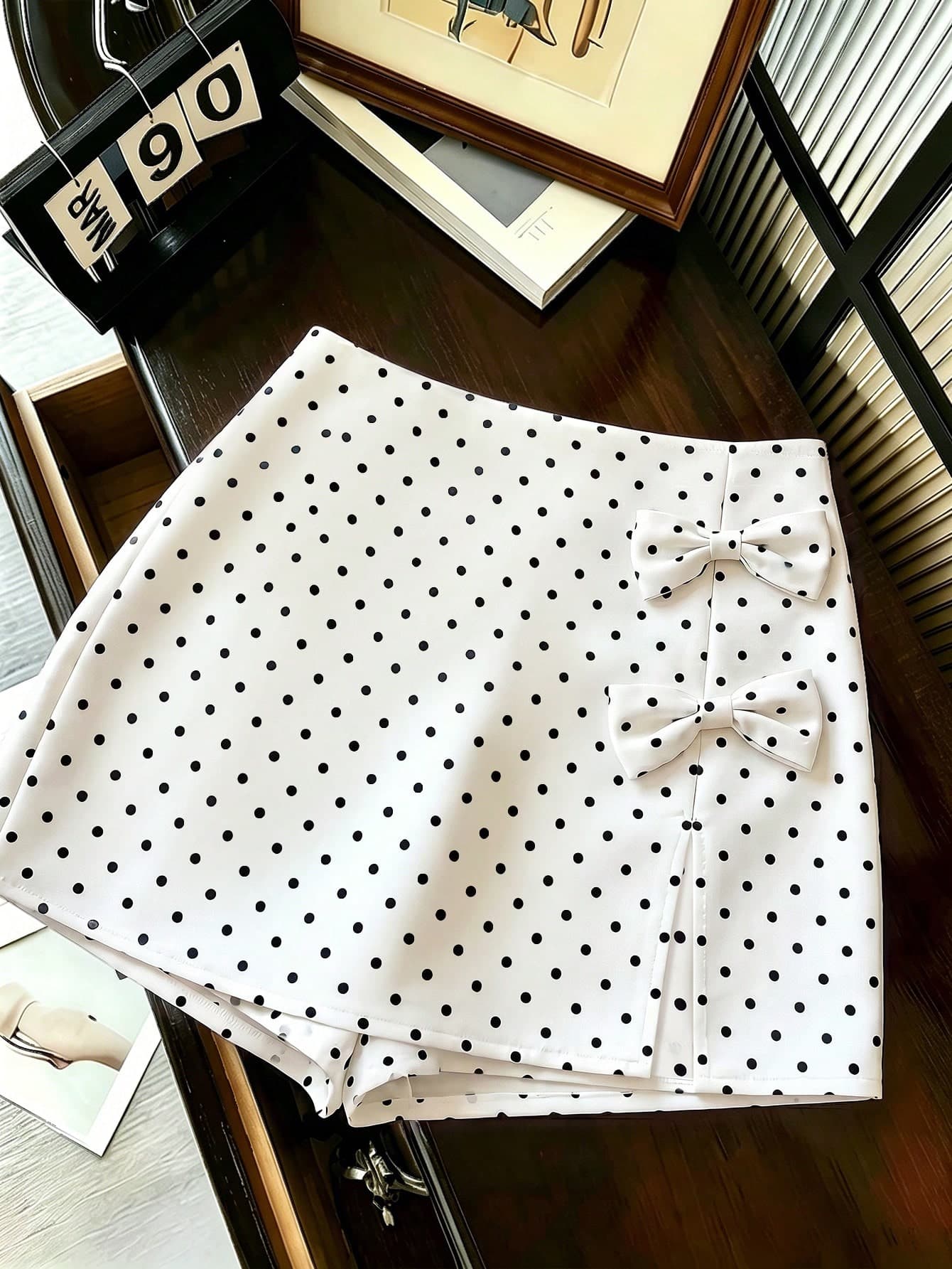 GlowEve CURVE Plus Size Women's Spring/Summer Woven Casual Kawaii Elegant Polka Dot Korean Style Side Bow Sweet Girly Daily Outing Holiday Skirt Black And White
