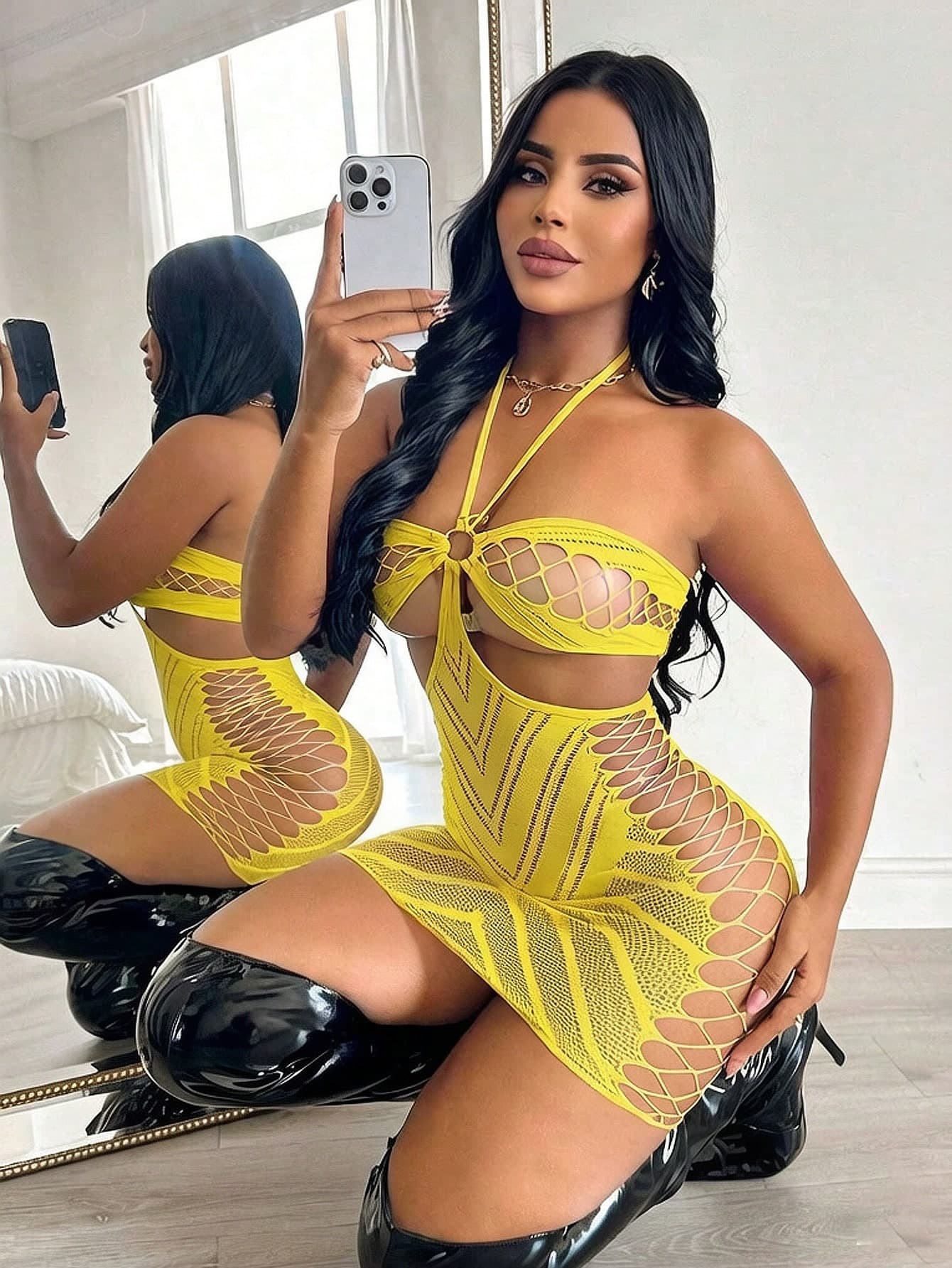ChaseTheNight Women's Sexy Hollow Out Backless Halter Mini Nightgown,Sexy Lingerie For Women,Honeymoon,Hot,Date Night,Lingerie,Fishnet Sexy Outfit